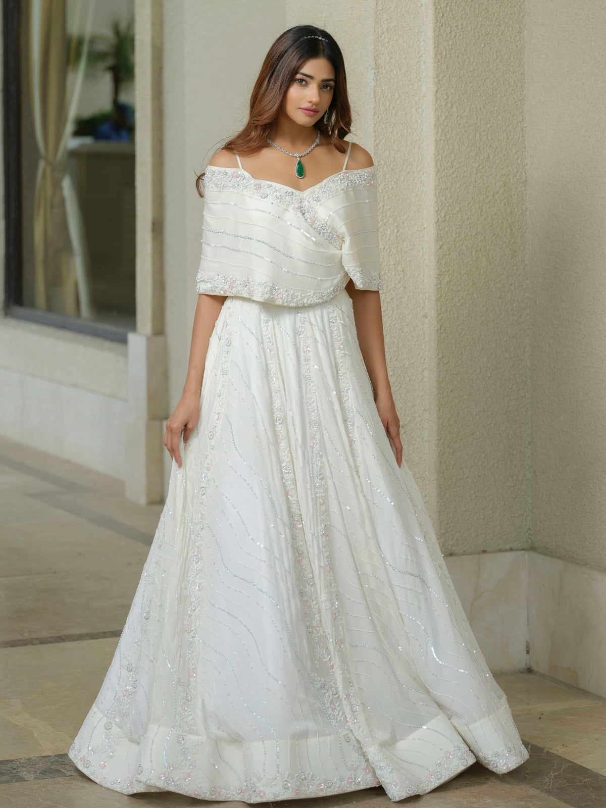 White Off-shoulder Gown with Floral Work