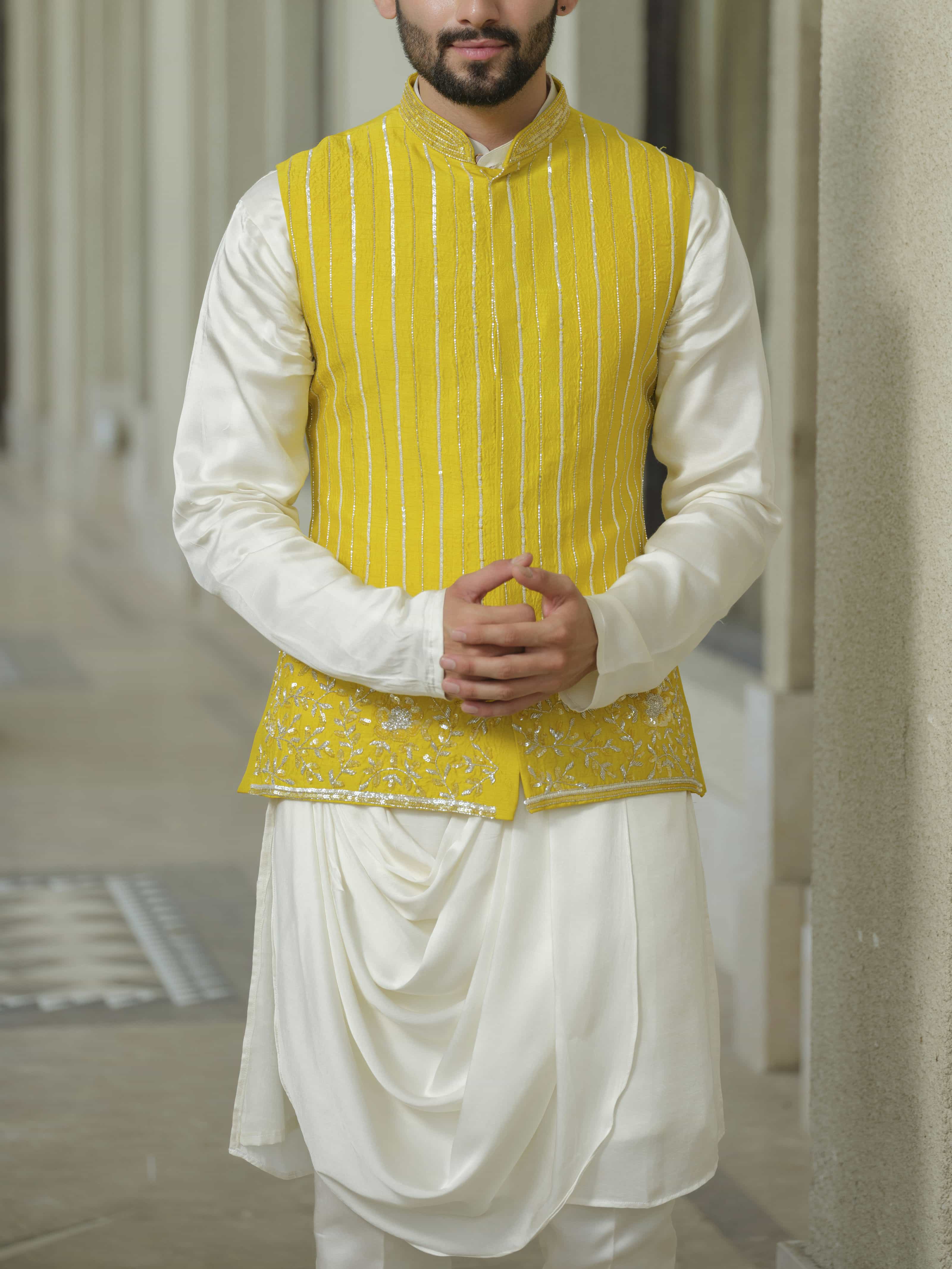 Yellow Silk Embroidered Nehru Jacket Set