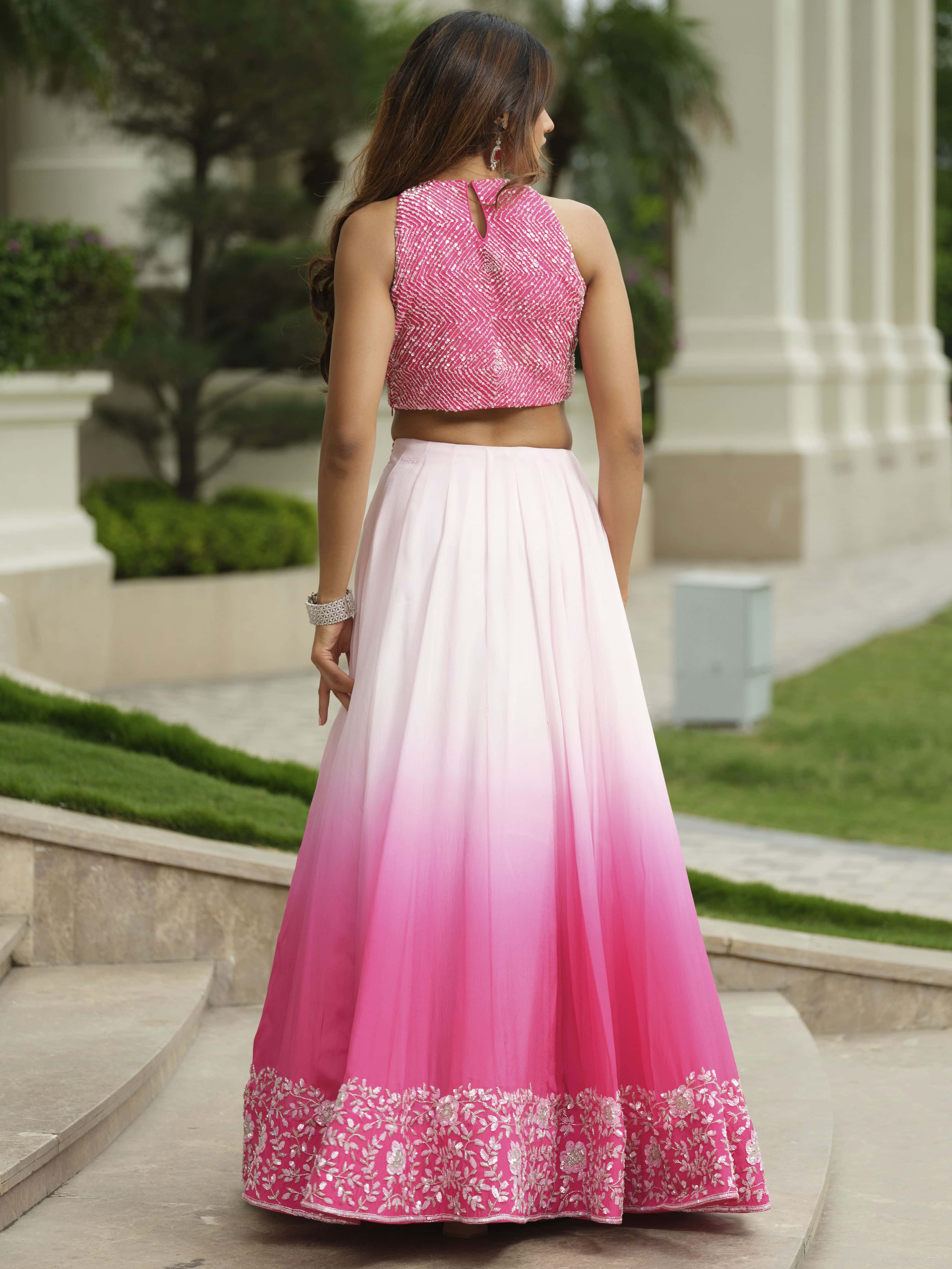 Pink Ombre Beige Lehenga with Floral Sequins Work