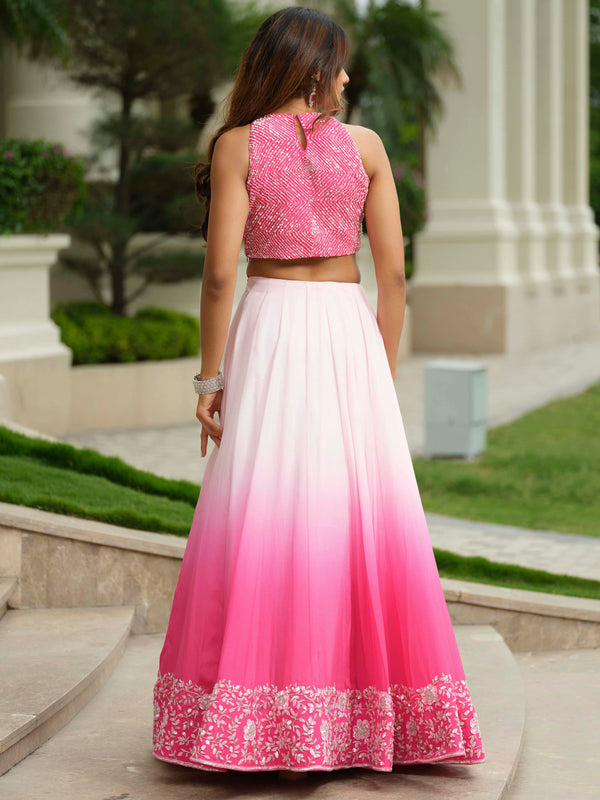 Pink Ombre Beige Lehenga with Floral Sequins Work
