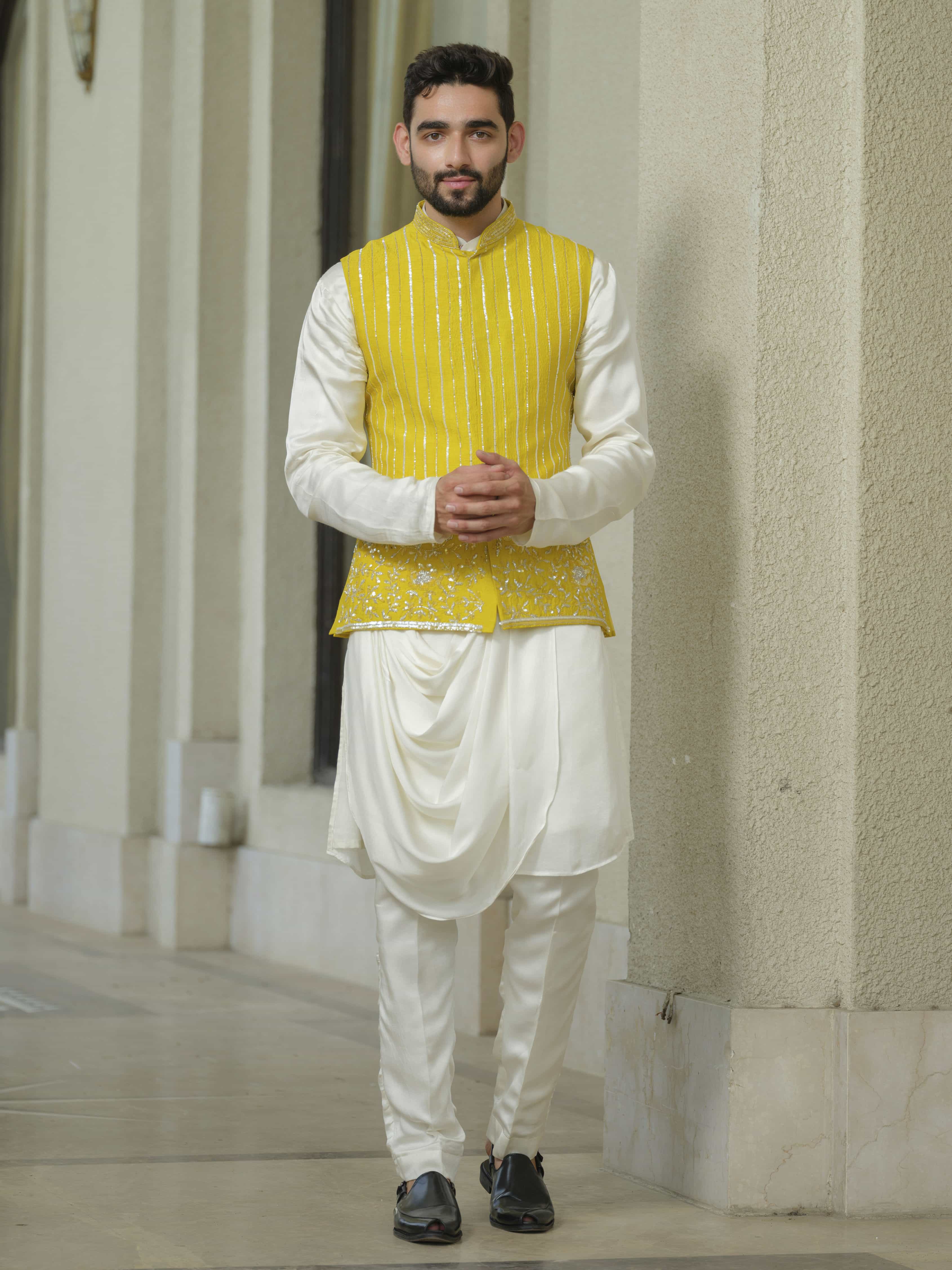 Yellow Silk Embroidered Nehru Jacket Set