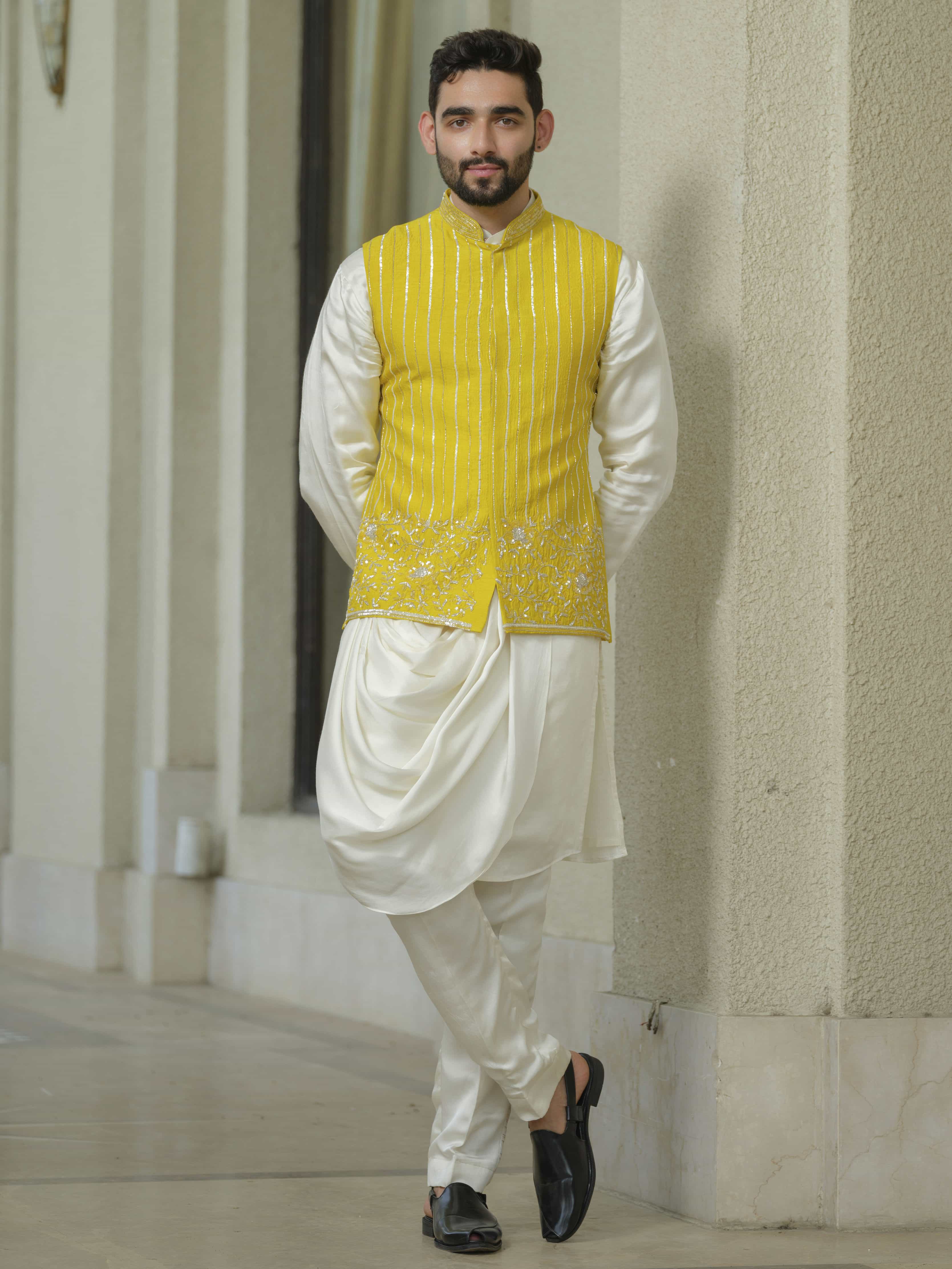Yellow Silk Embroidered Nehru Jacket Set