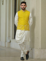Yellow Silk Embroidered Nehru Jacket Set
