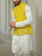 Yellow Silk Embroidered Nehru Jacket Set