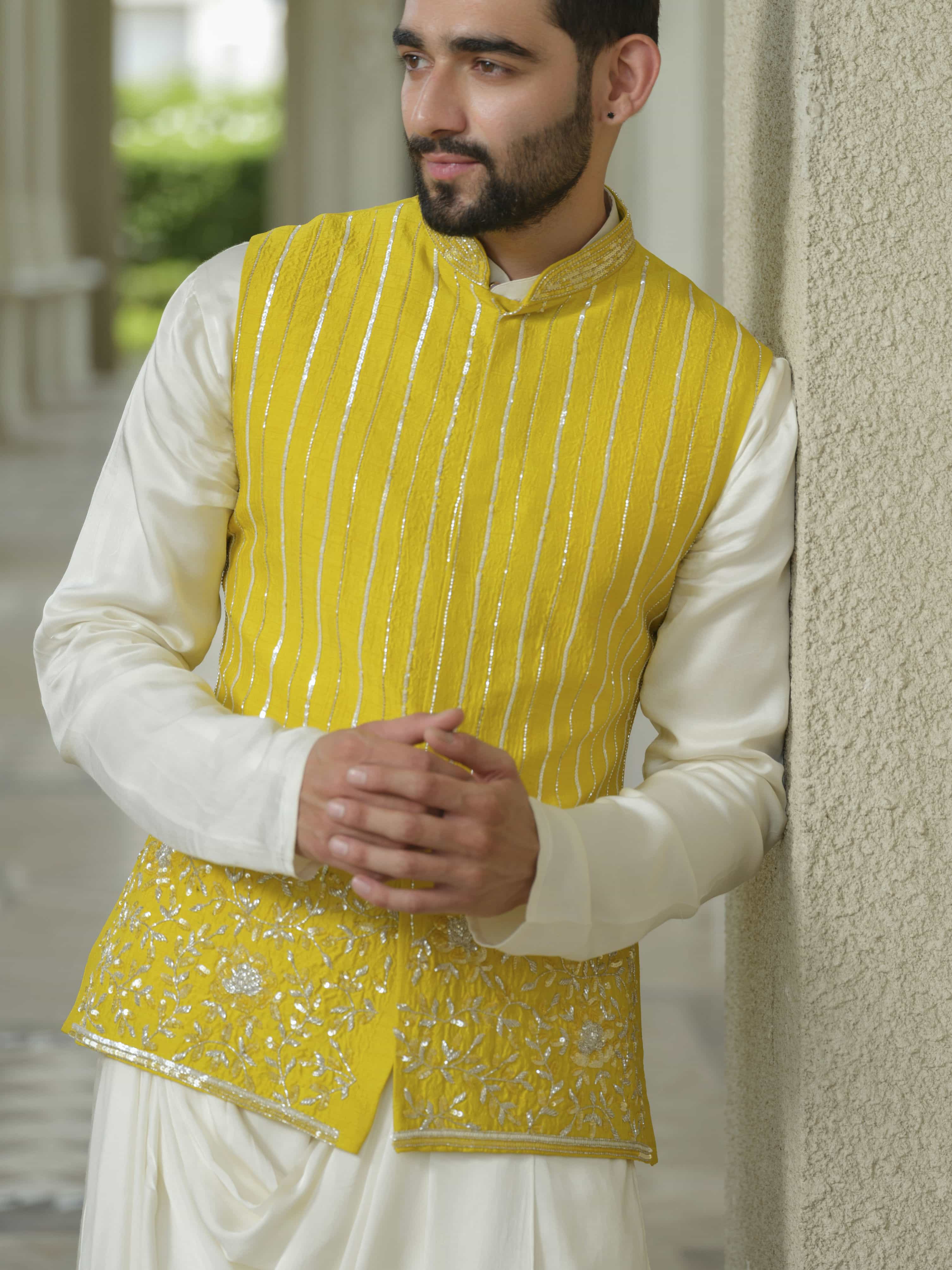 Yellow Silk Embroidered Nehru Jacket Set