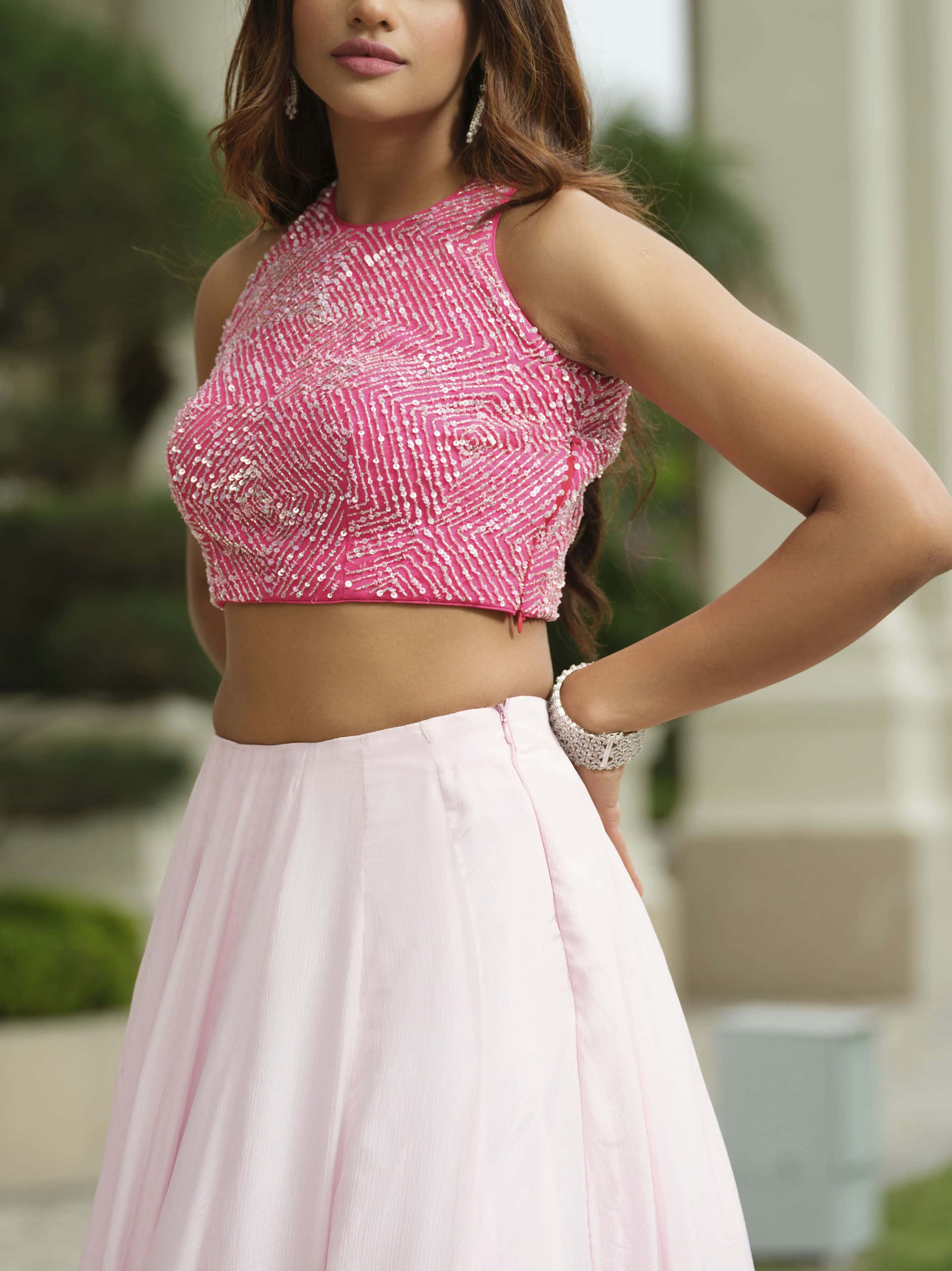 Pink Ombre Beige Lehenga with Floral Sequins Work