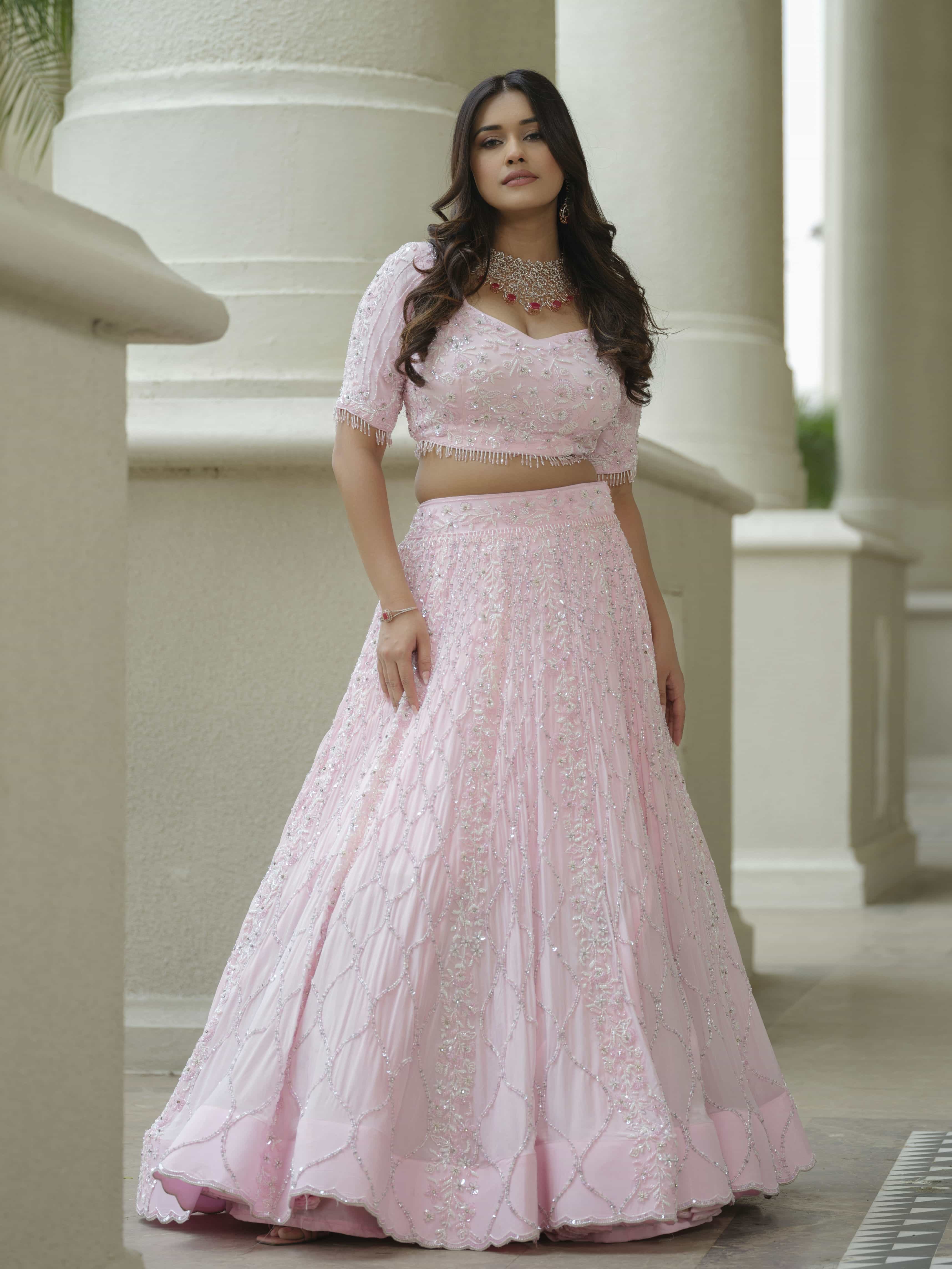 Powder Pink Moss Crepe Lehenga with Organza Dupatta