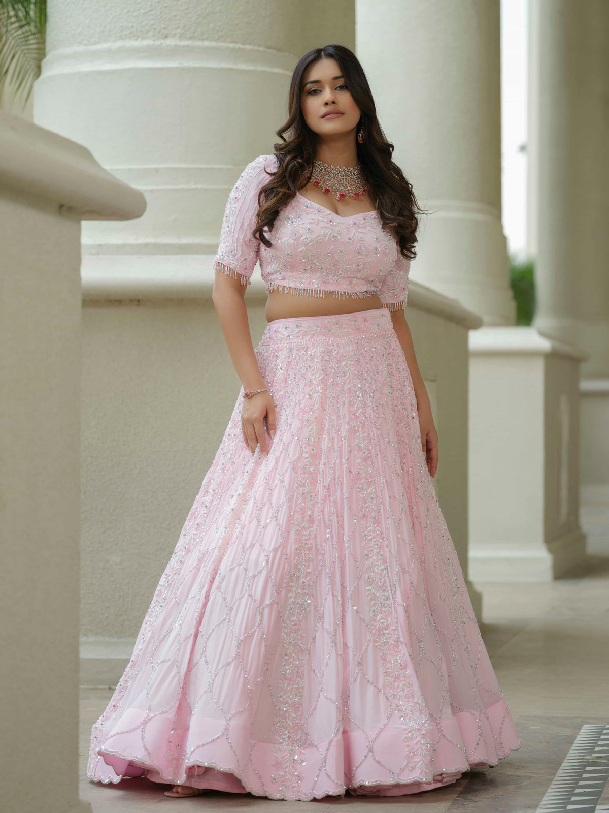 Powder Pink Moss Crepe Lehenga with Organza Dupatta