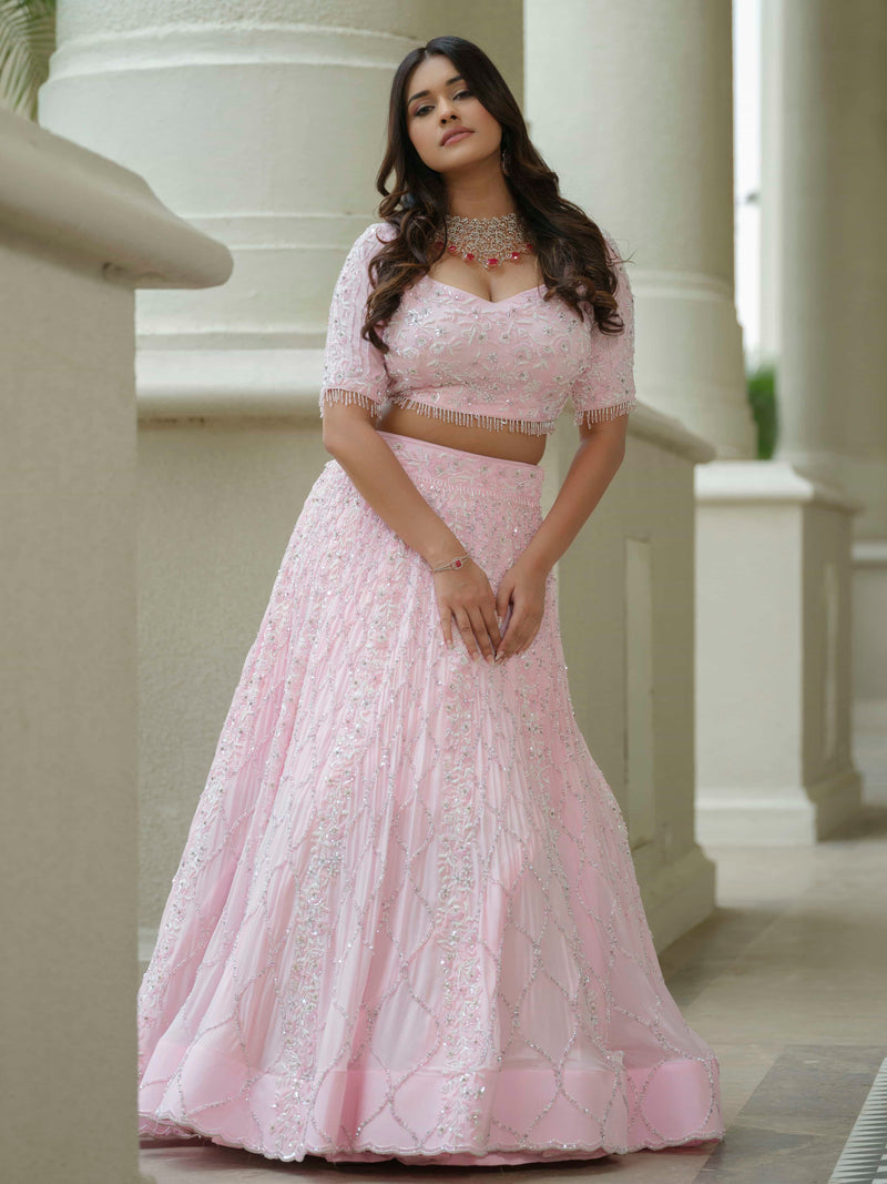 Powder Pink Moss Crepe Lehenga with Organza Dupatta