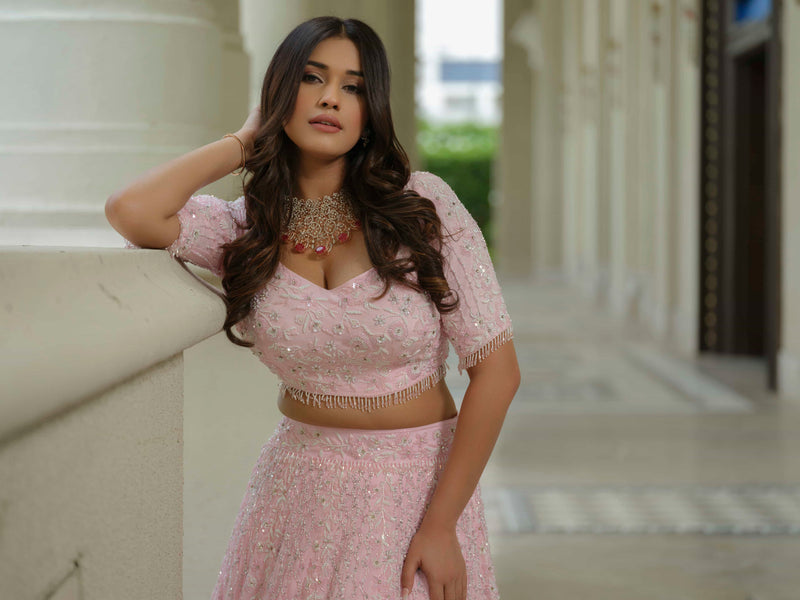 Powder Pink Moss Crepe Lehenga with Organza Dupatta