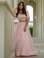 Powder Pink Moss Crepe Lehenga with Organza Dupatta