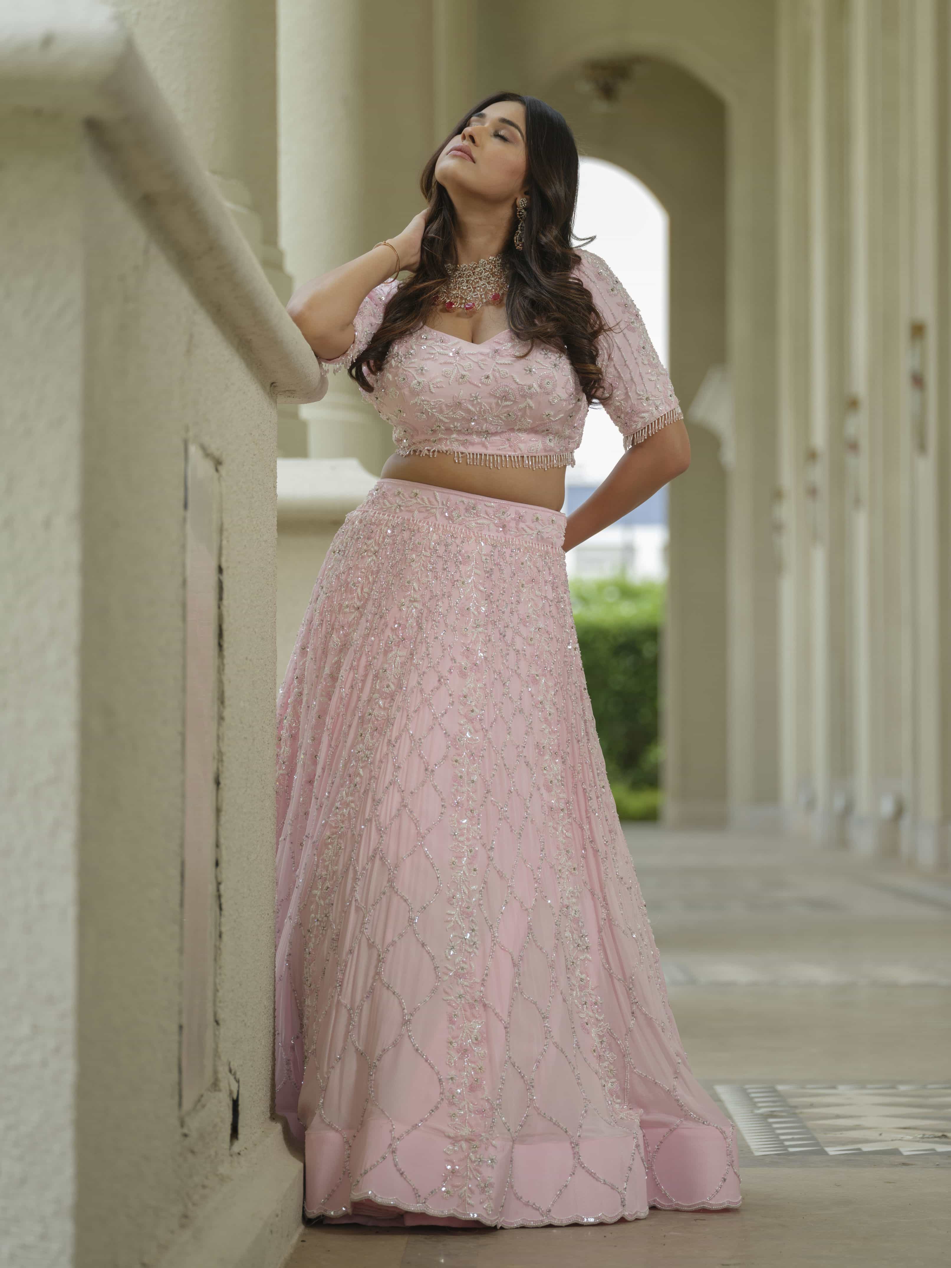 Powder Pink Moss Crepe Lehenga with Organza Dupatta