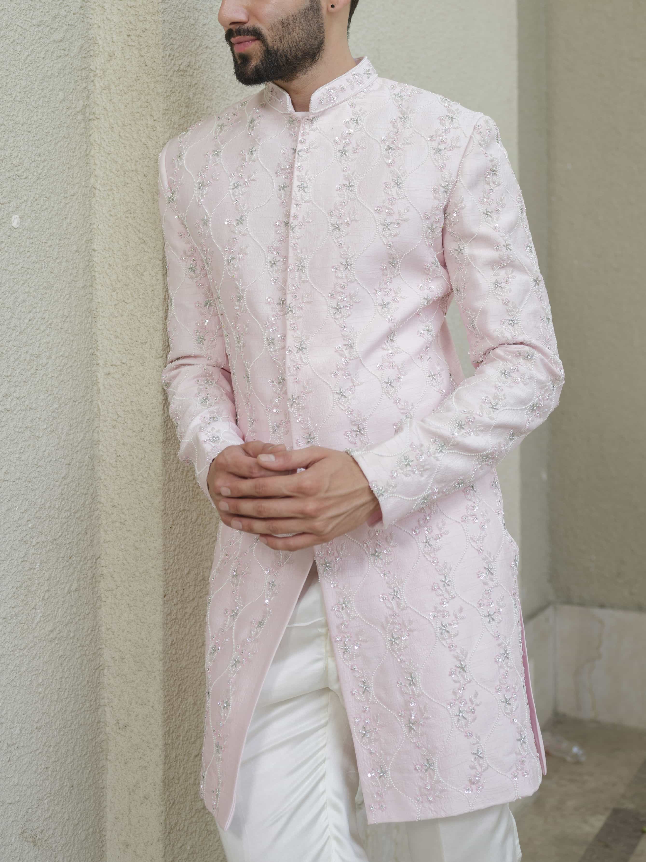 Powder Pink Silk Embroidered Sherwani Set