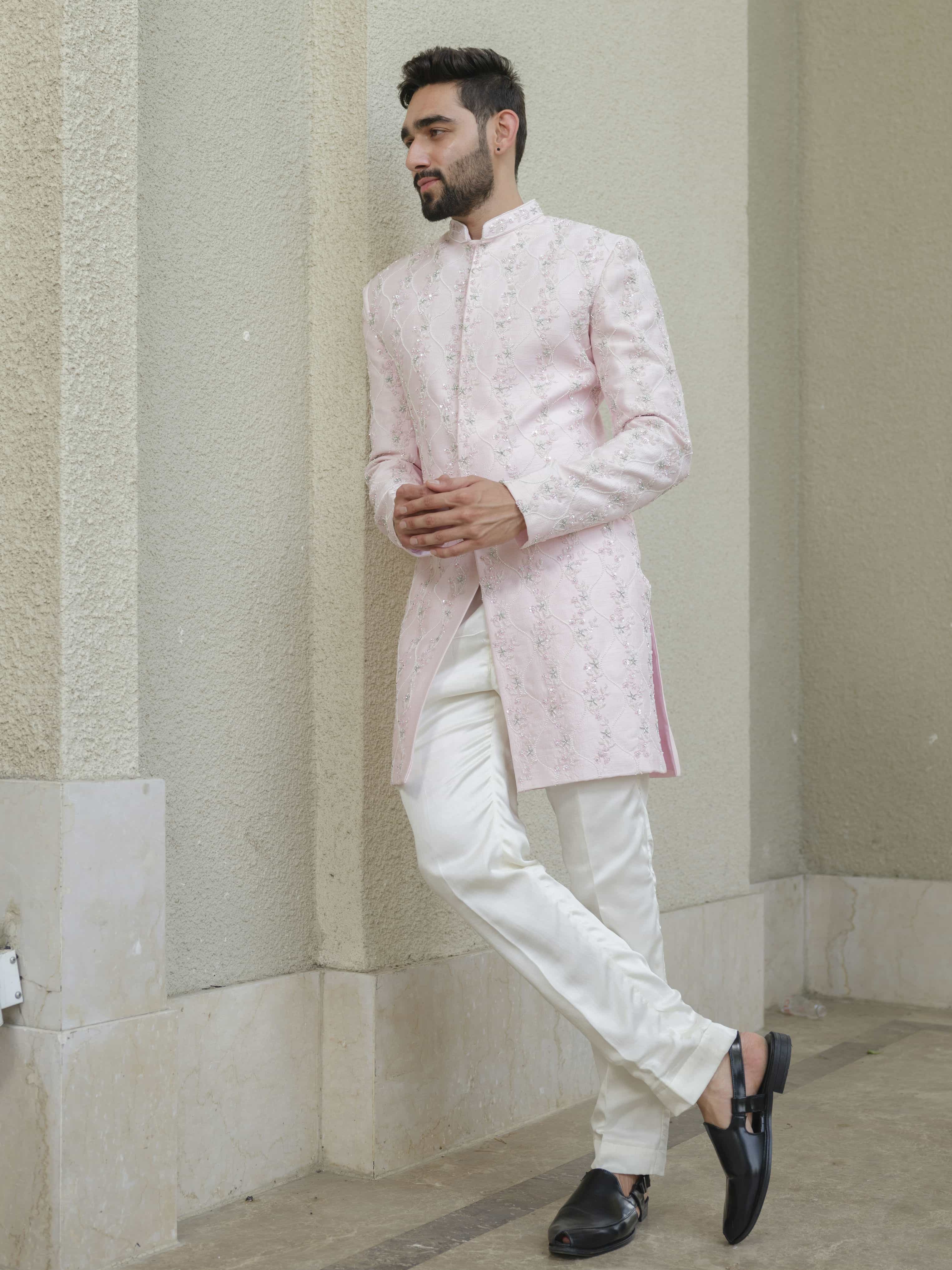 Powder Pink Silk Embroidered Sherwani Set