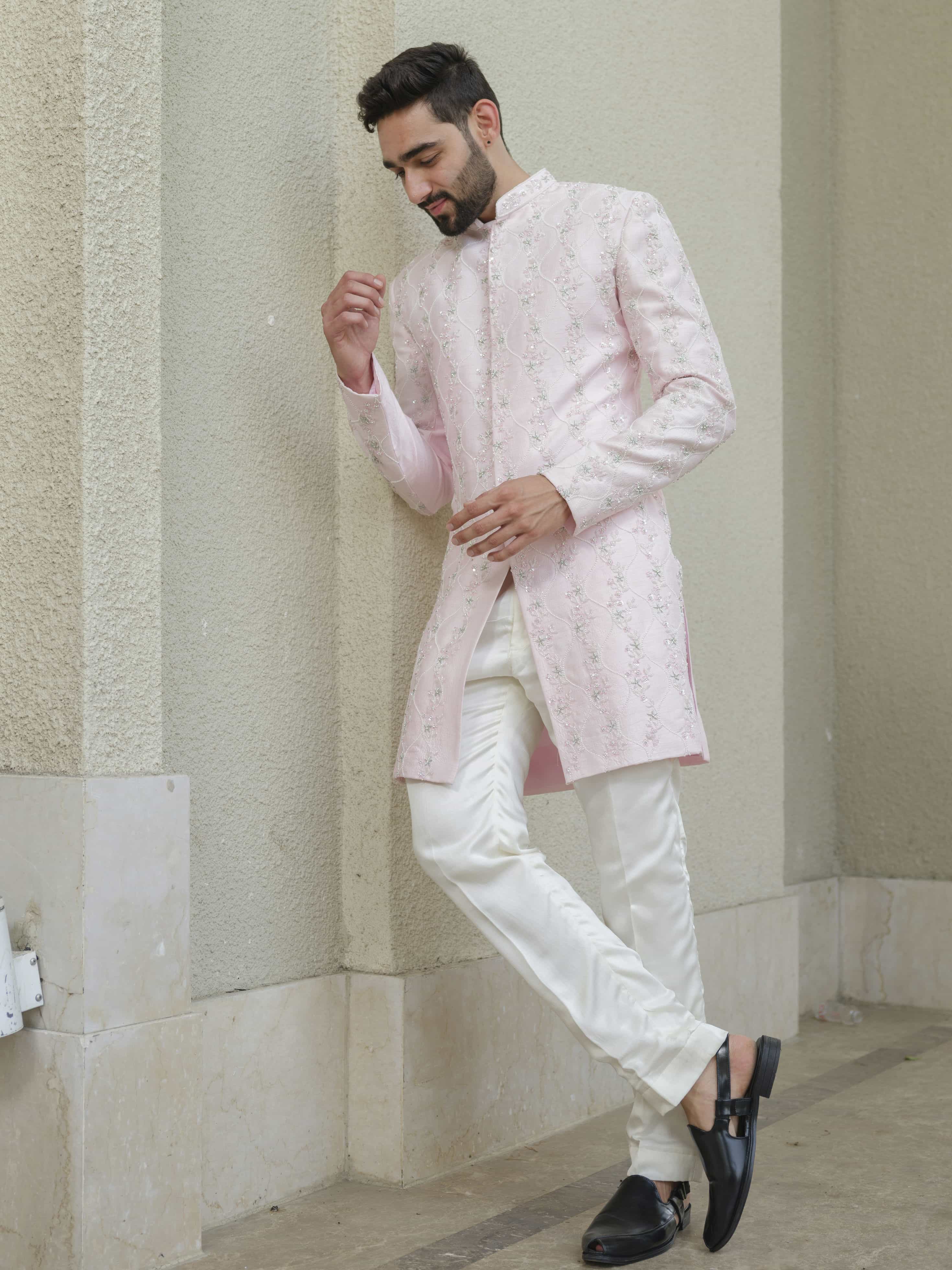 Powder Pink Silk Embroidered Sherwani Set
