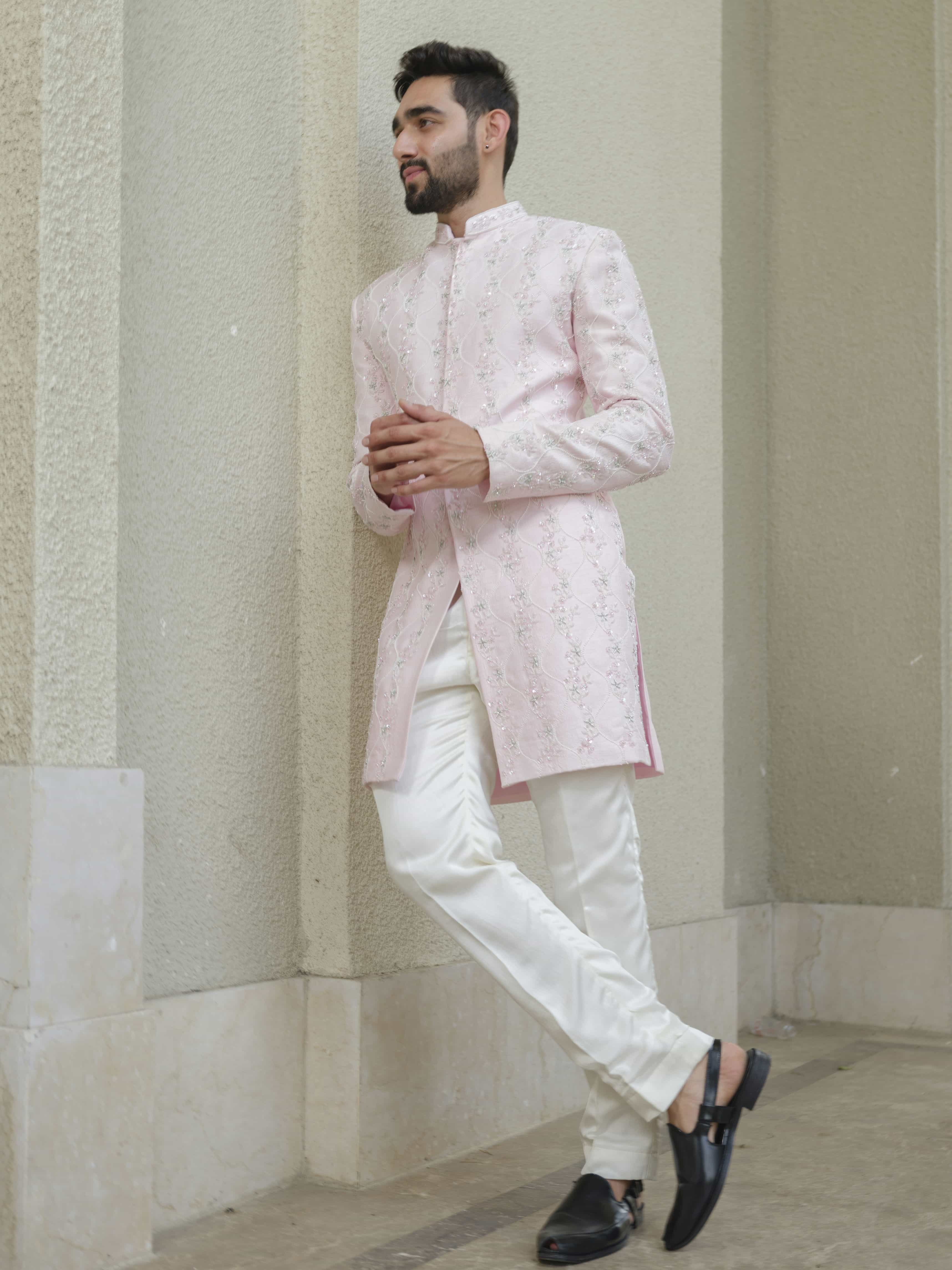 Powder Pink Silk Embroidered Sherwani Set