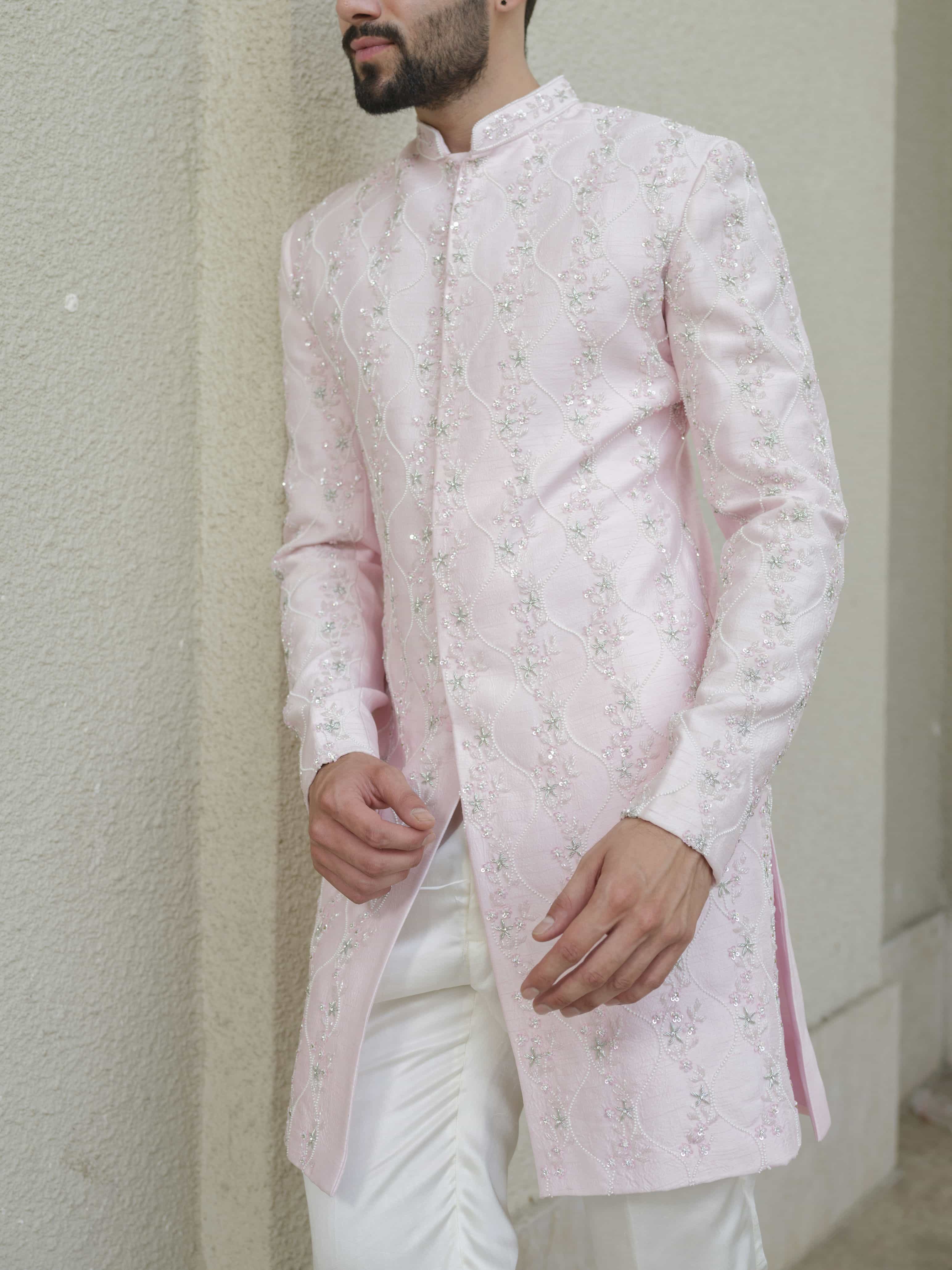 Powder Pink Silk Embroidered Sherwani Set