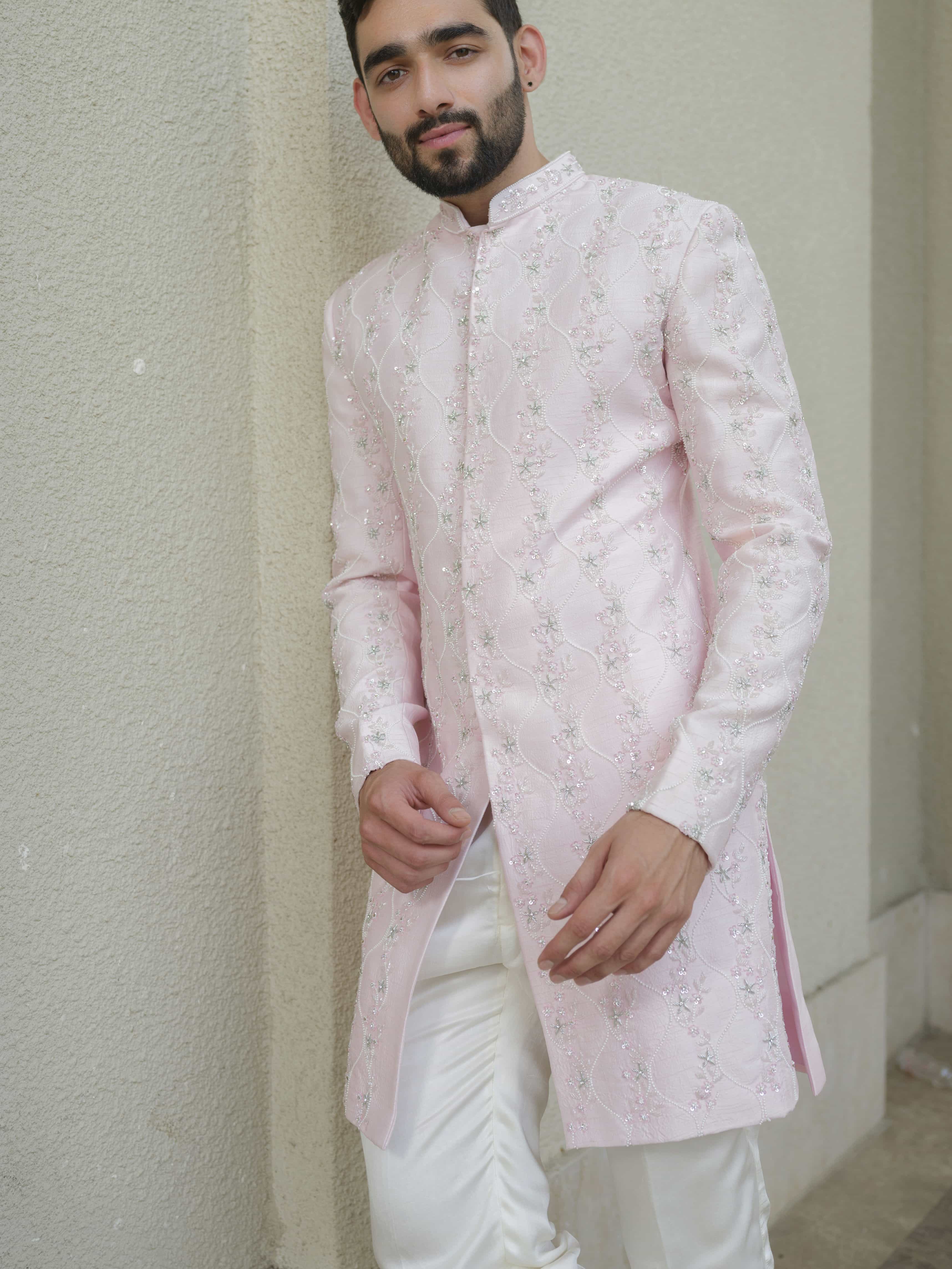 Powder Pink Silk Embroidered Sherwani Set