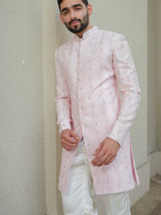 Powder Pink Silk Embroidered Sherwani Set