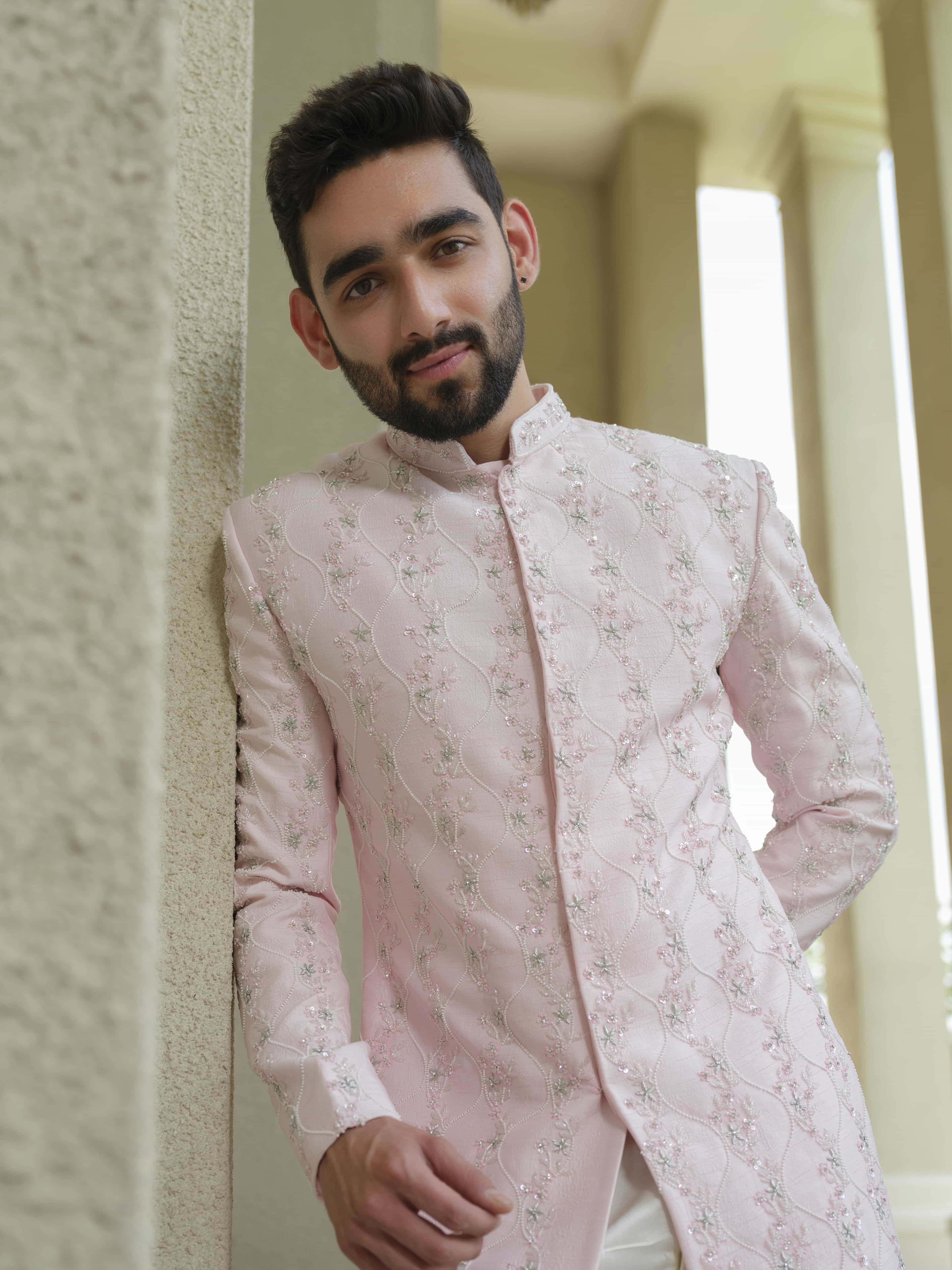 Powder Pink Silk Embroidered Sherwani Set
