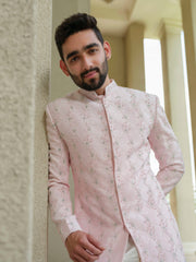 Powder Pink Silk Embroidered Sherwani Set