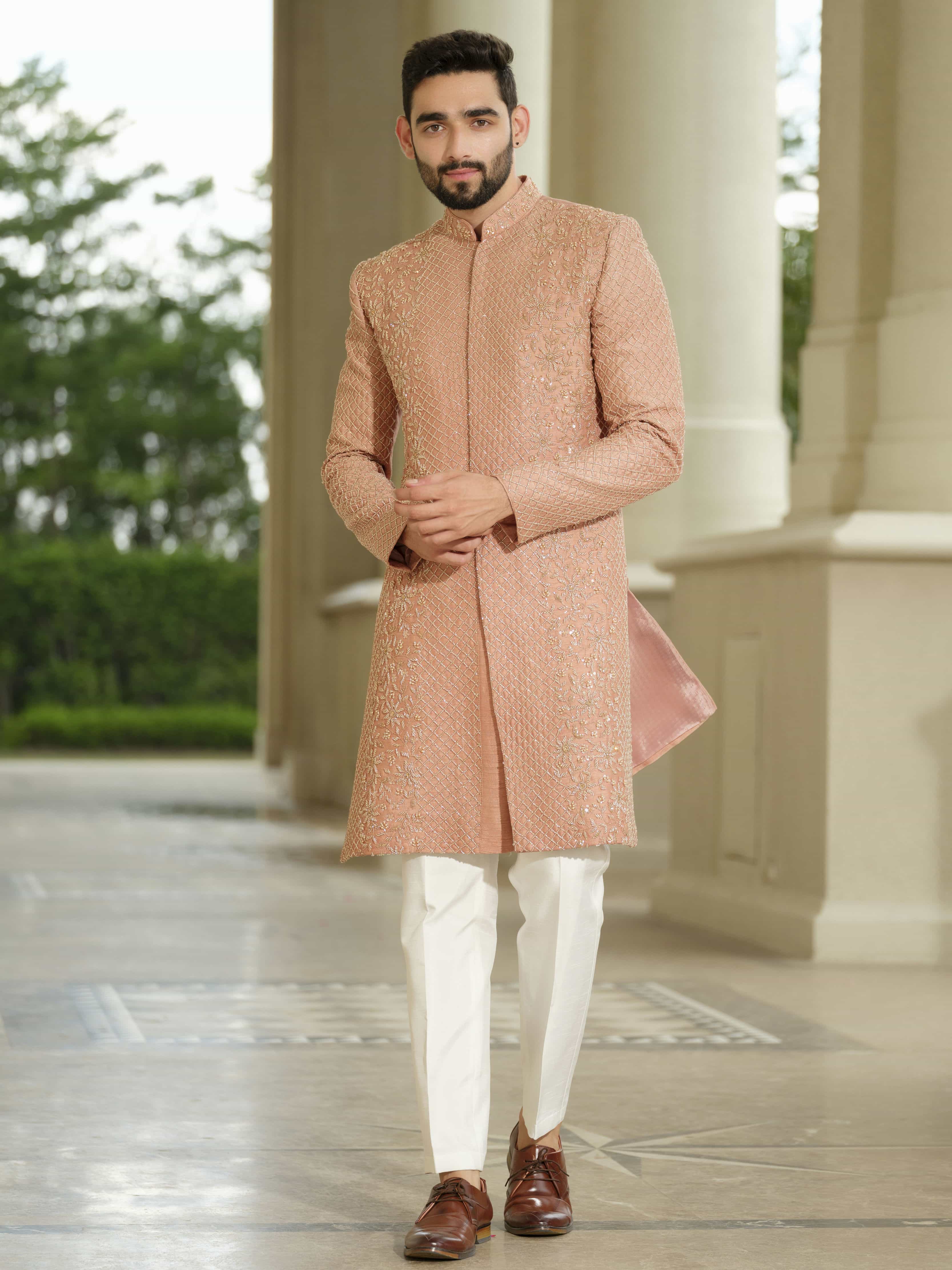 Peach Silk Embroidered Sherwani Set