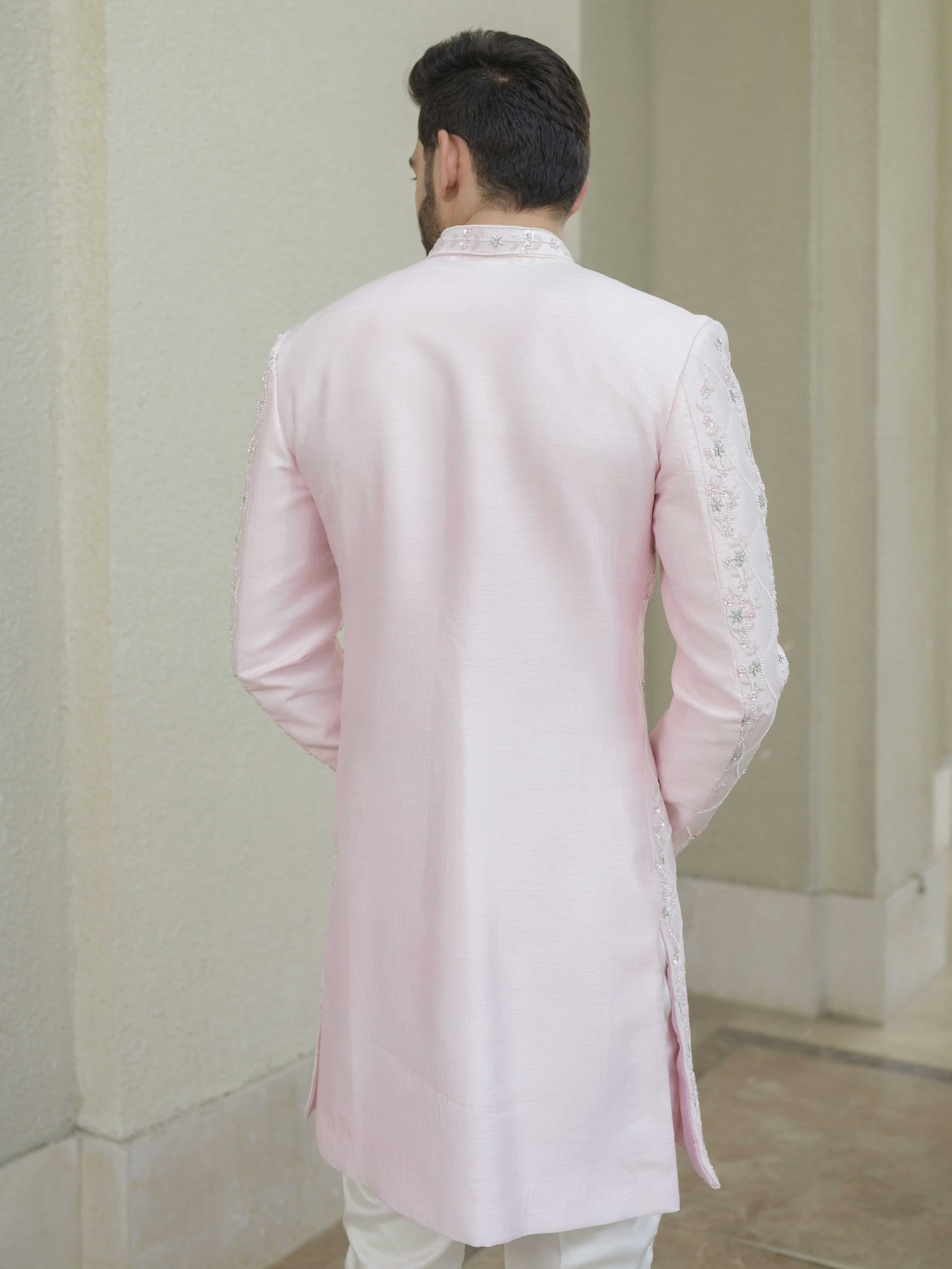 Powder Pink Silk Embroidered Sherwani Set