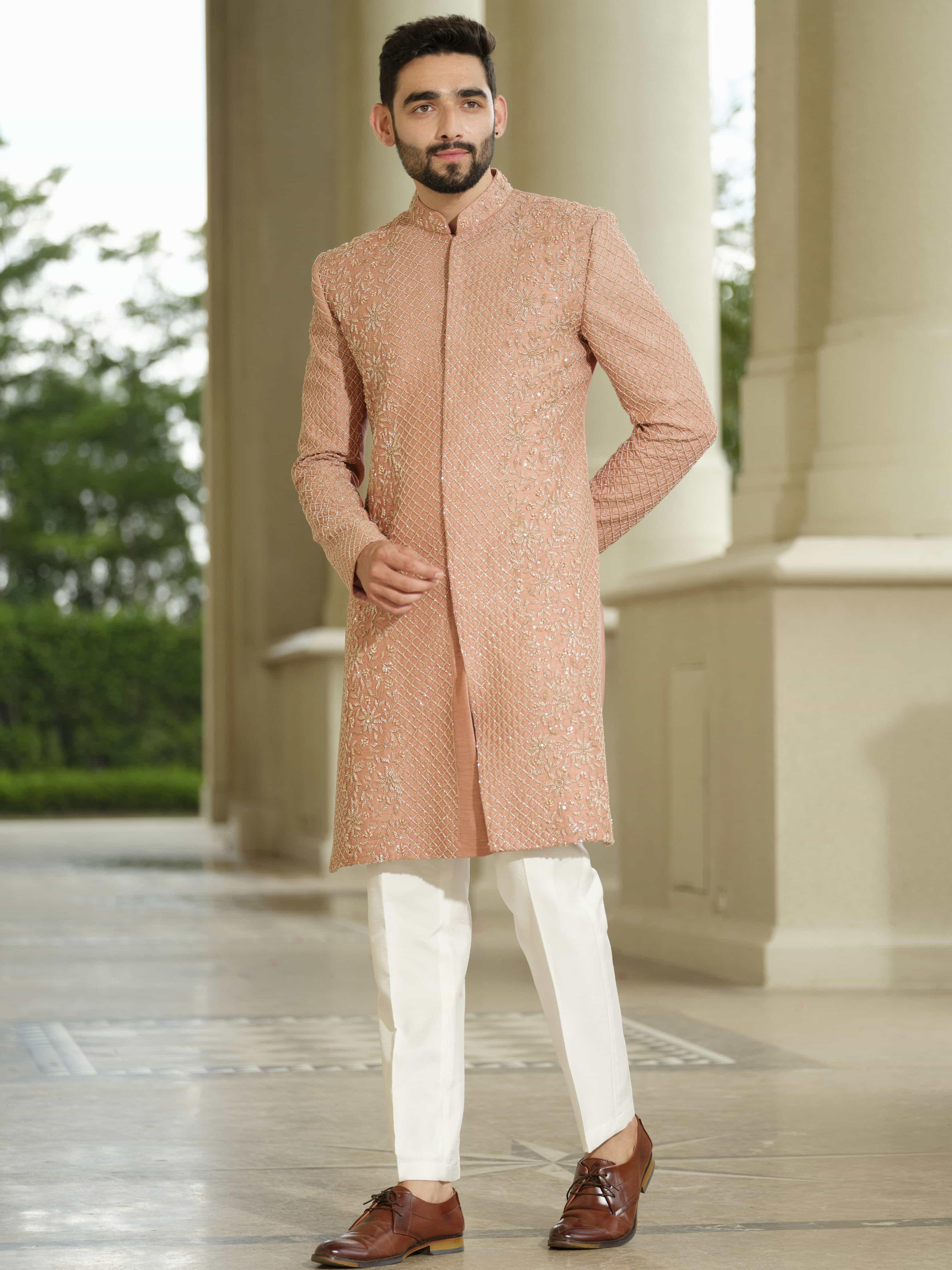 Peach Silk Embroidered Sherwani Set