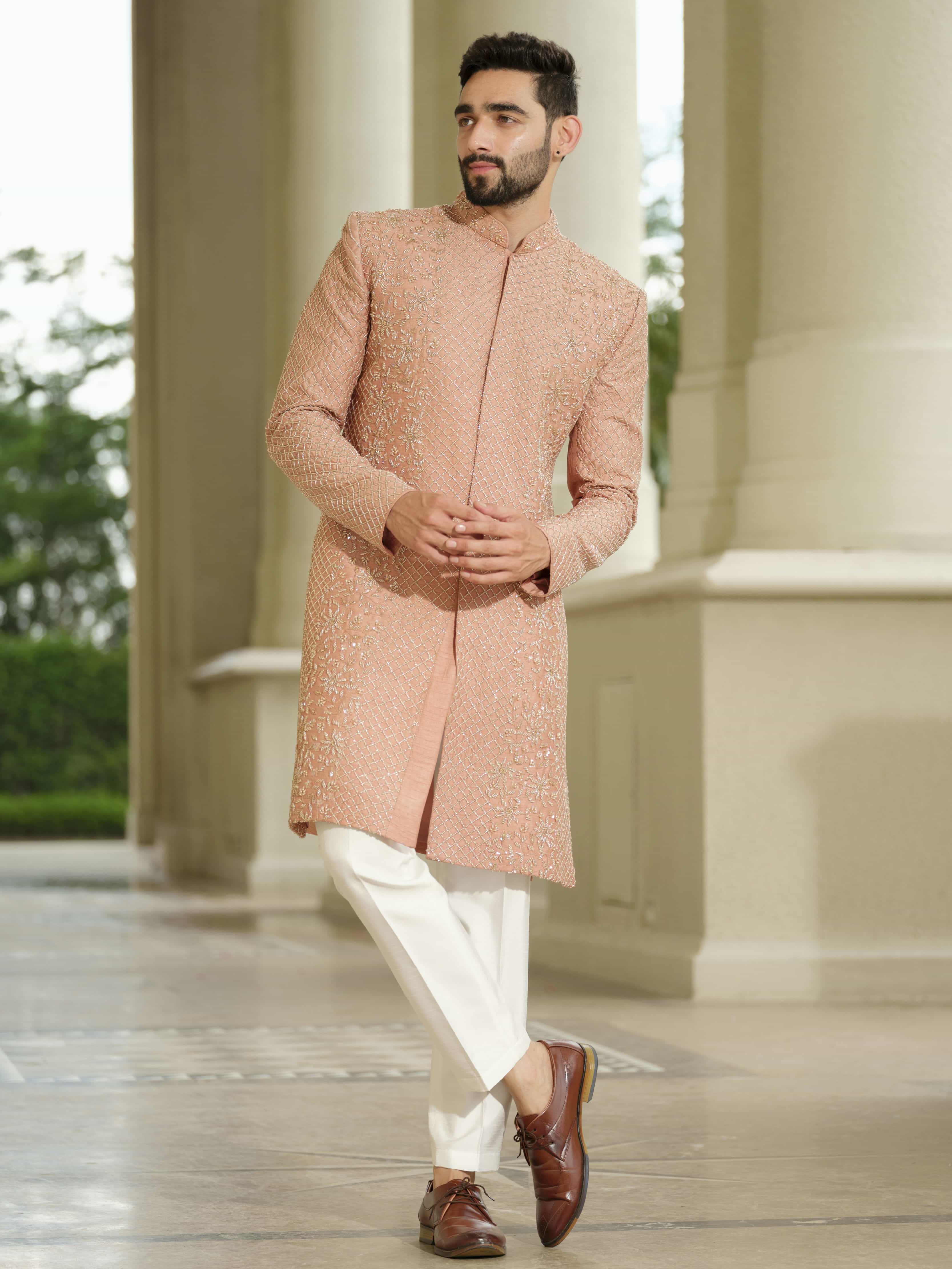 Peach Silk Embroidered Sherwani Set