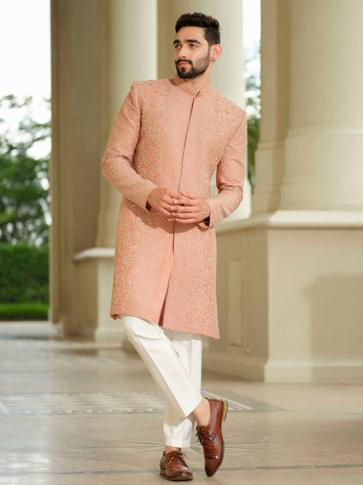 Peach Silk Embroidered Sherwani Set