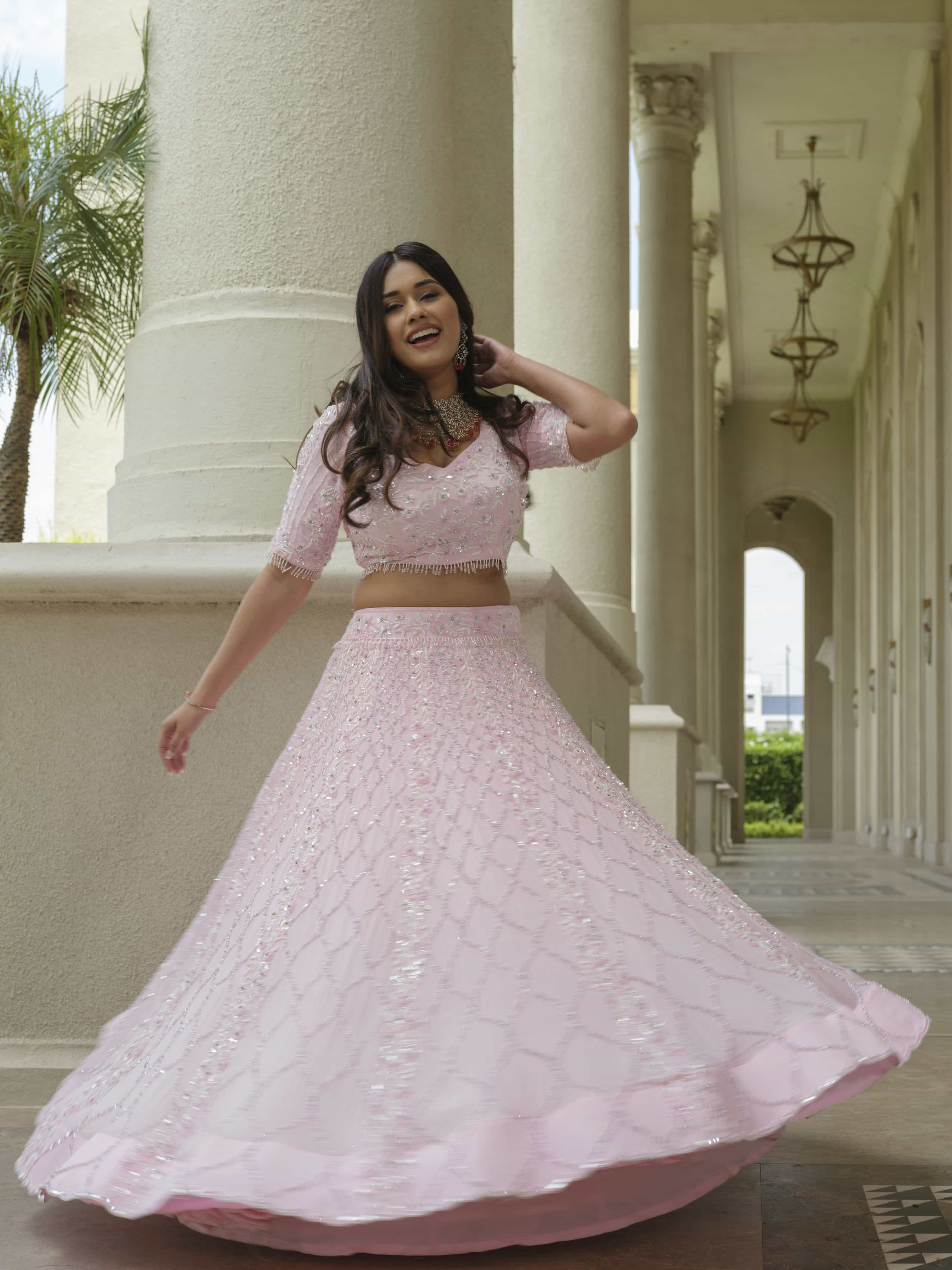 Powder Pink Moss Crepe Lehenga with Organza Dupatta