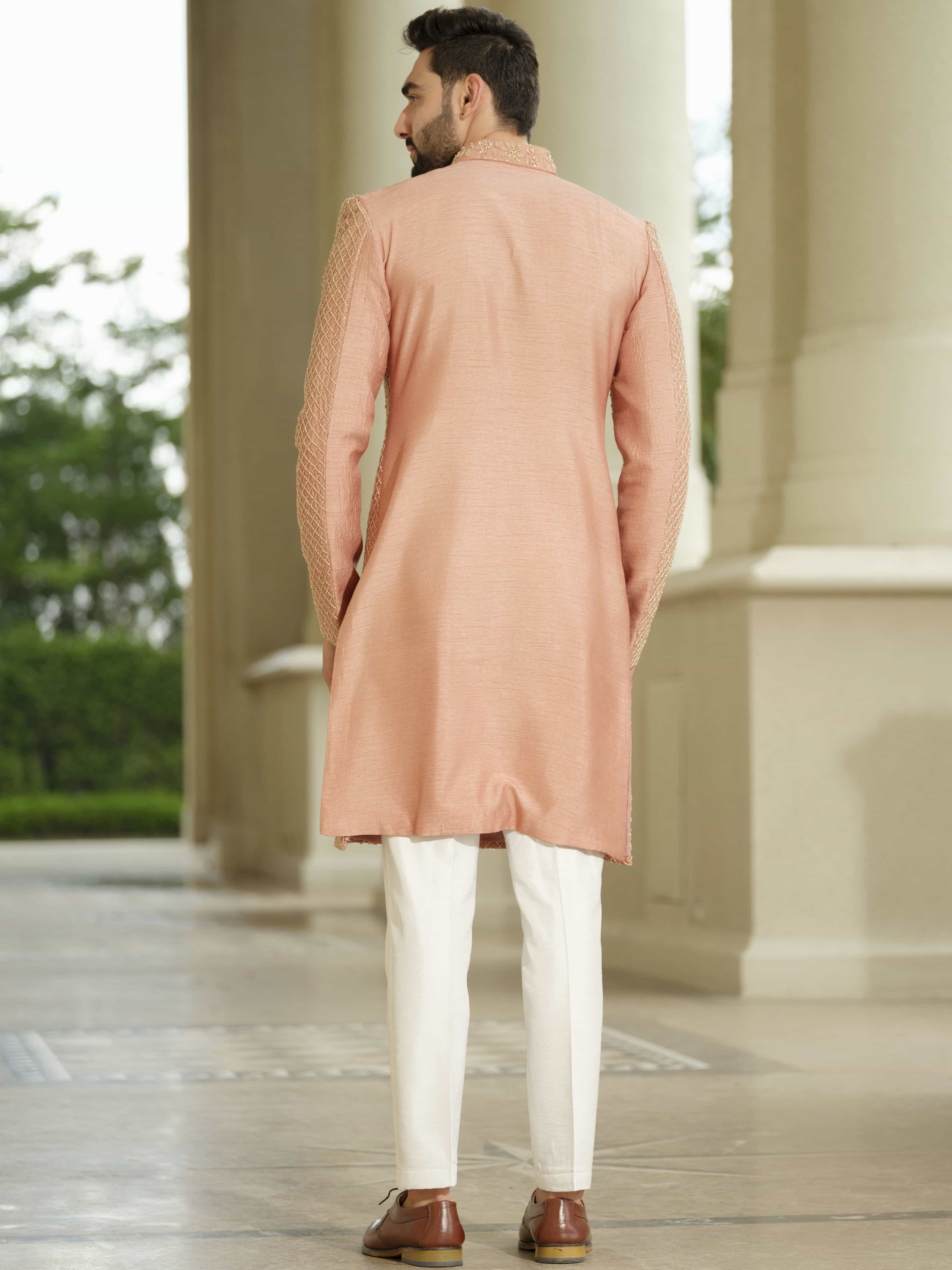 Peach Silk Embroidered Sherwani Set