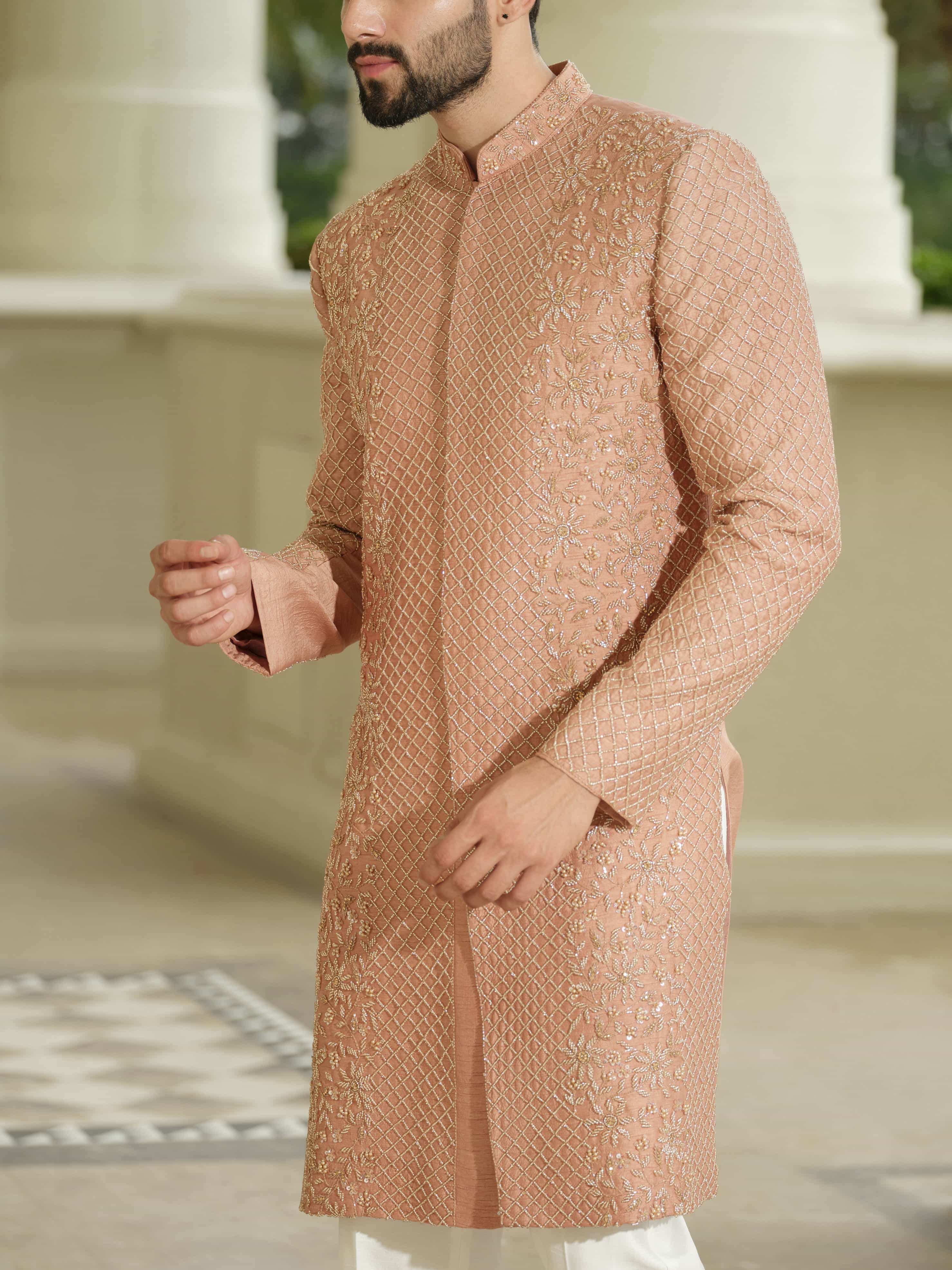 Peach Silk Embroidered Sherwani Set