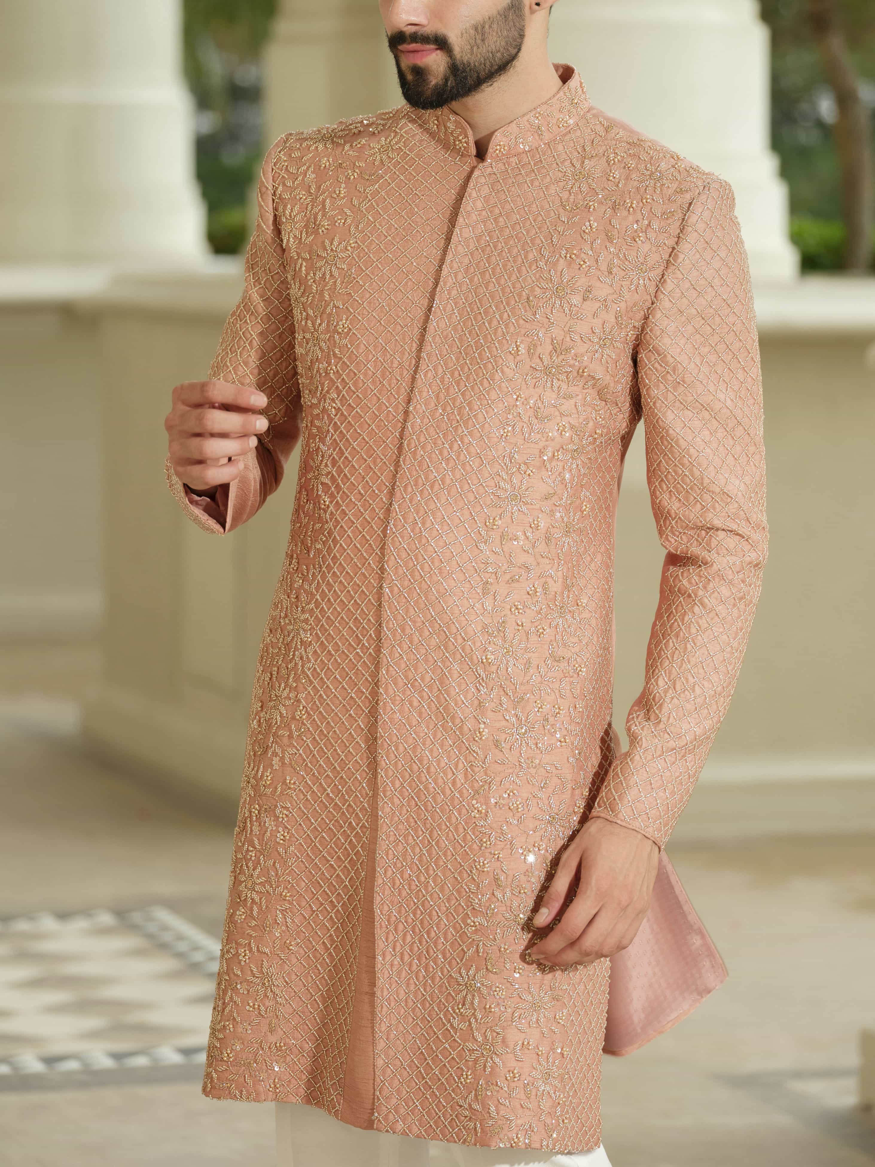 Peach Silk Embroidered Sherwani Set
