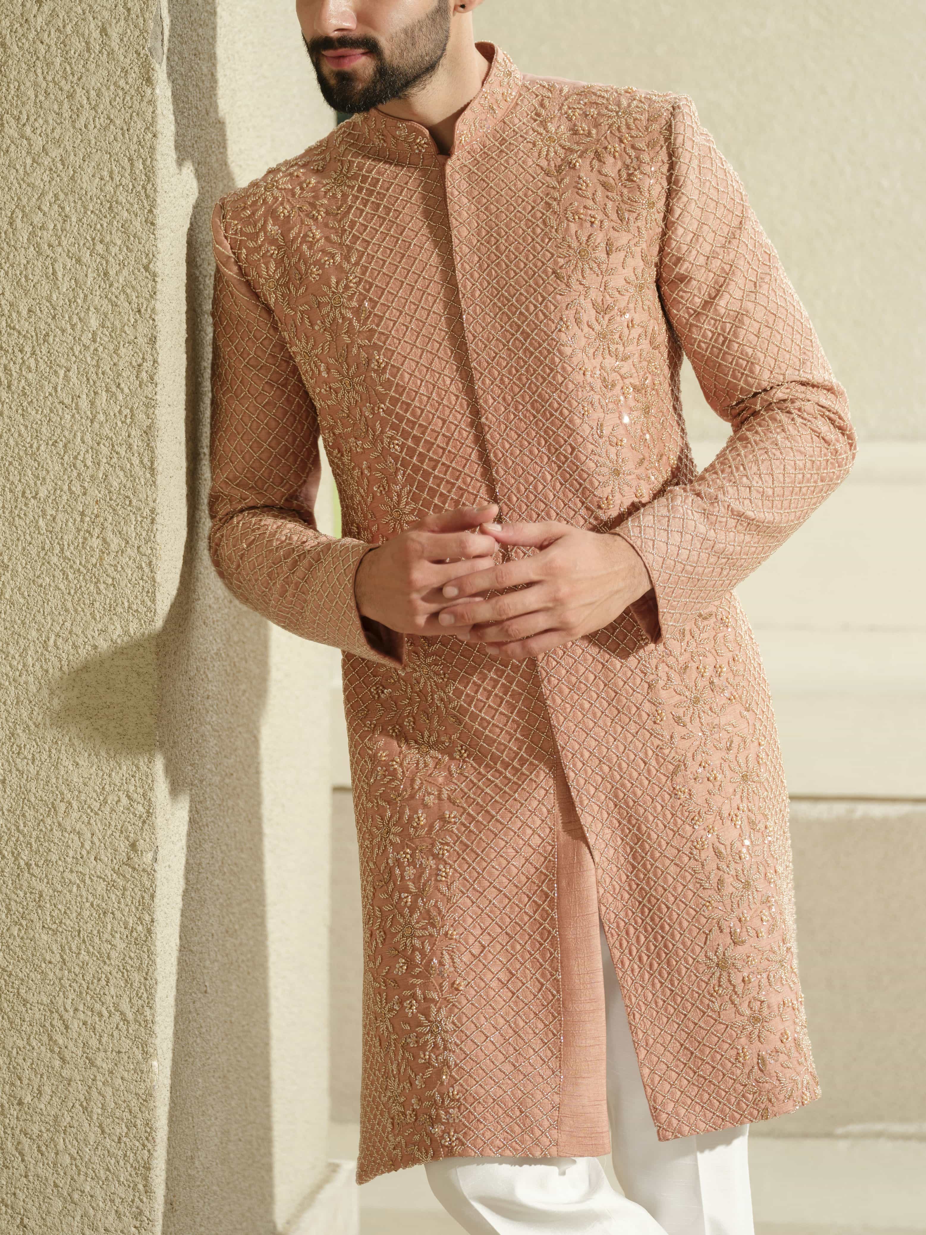 Peach Silk Embroidered Sherwani Set