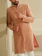 Peach Silk Embroidered Sherwani Set