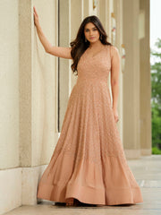 Beige Moss Crepe Sleeveless with Monochrome Work