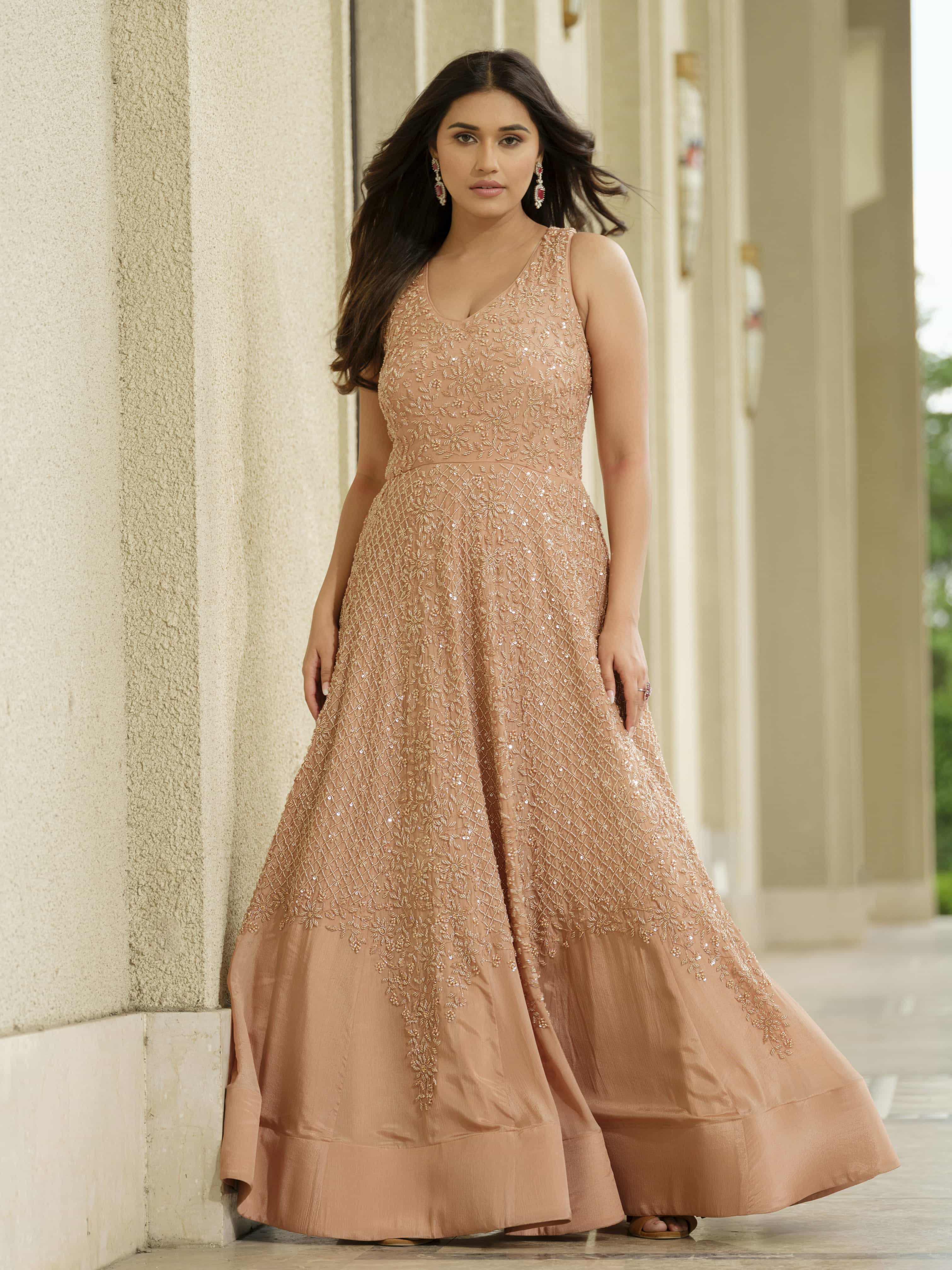 Beige Moss Crepe Sleeveless with Monochrome Work