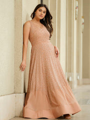 Beige Moss Crepe Sleeveless with Monochrome Work