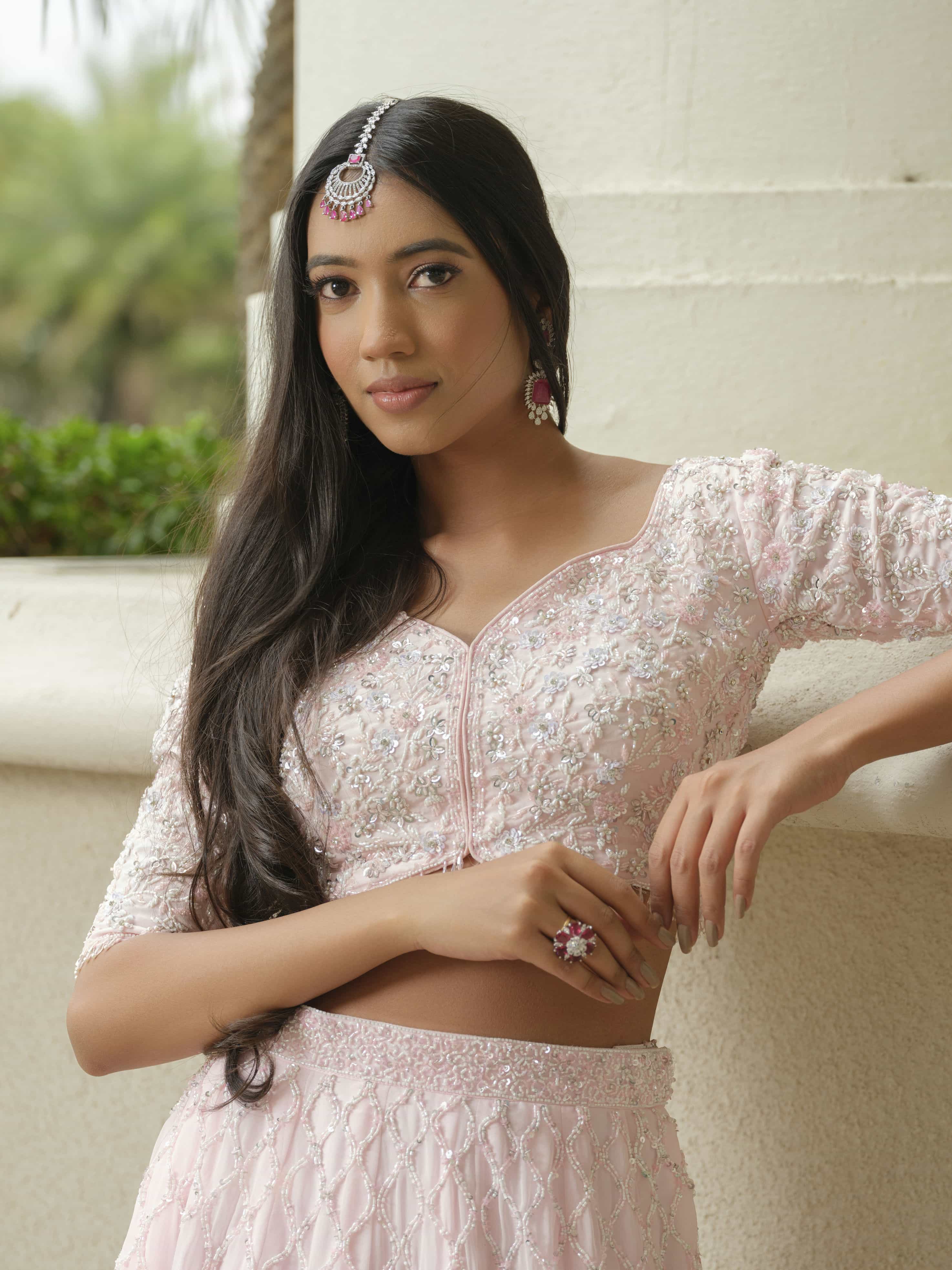 Powder Pink Moss Crepe Lehenga with Organza Dupatta