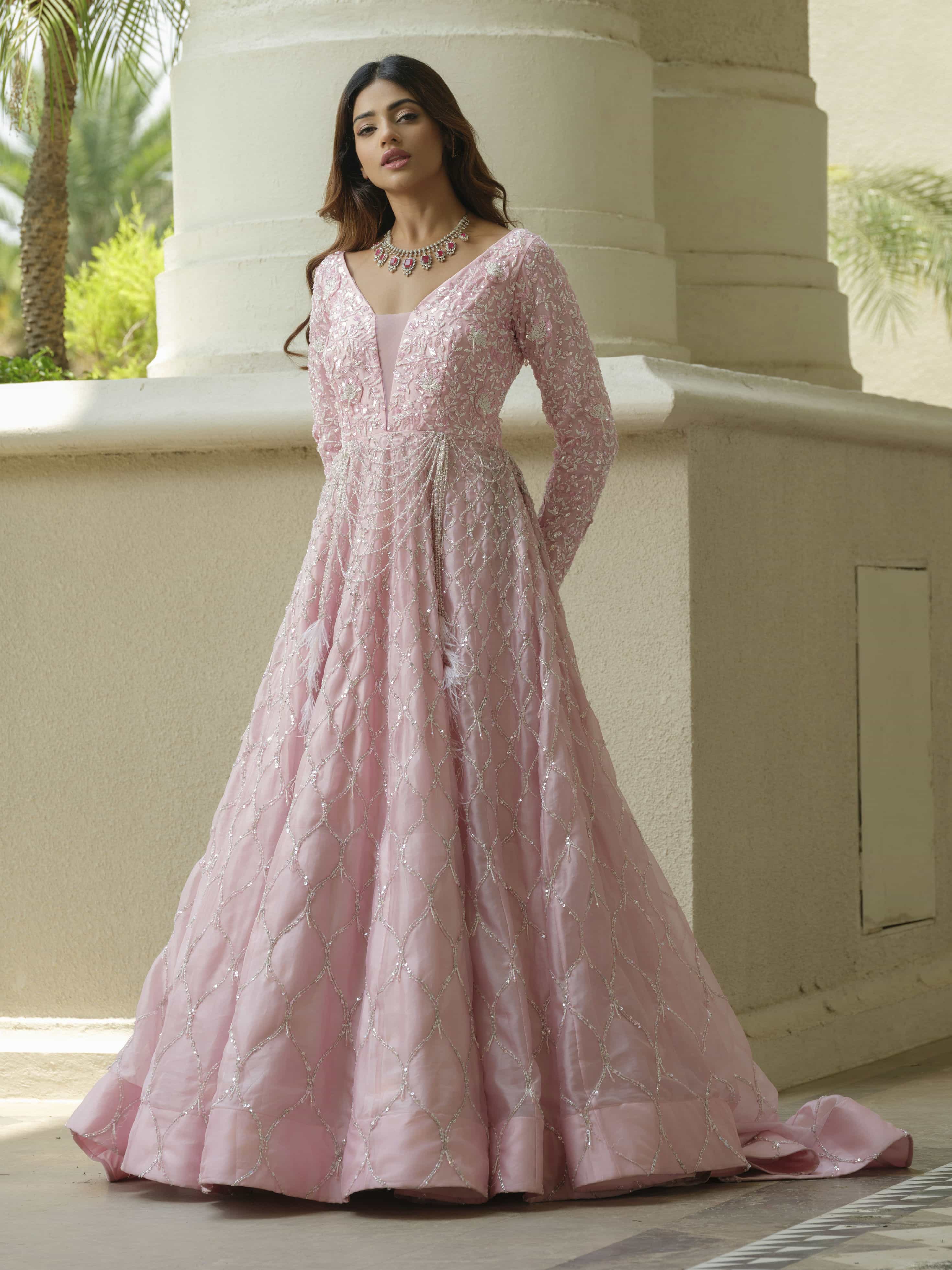 Powder Pink Organza Trail Gown