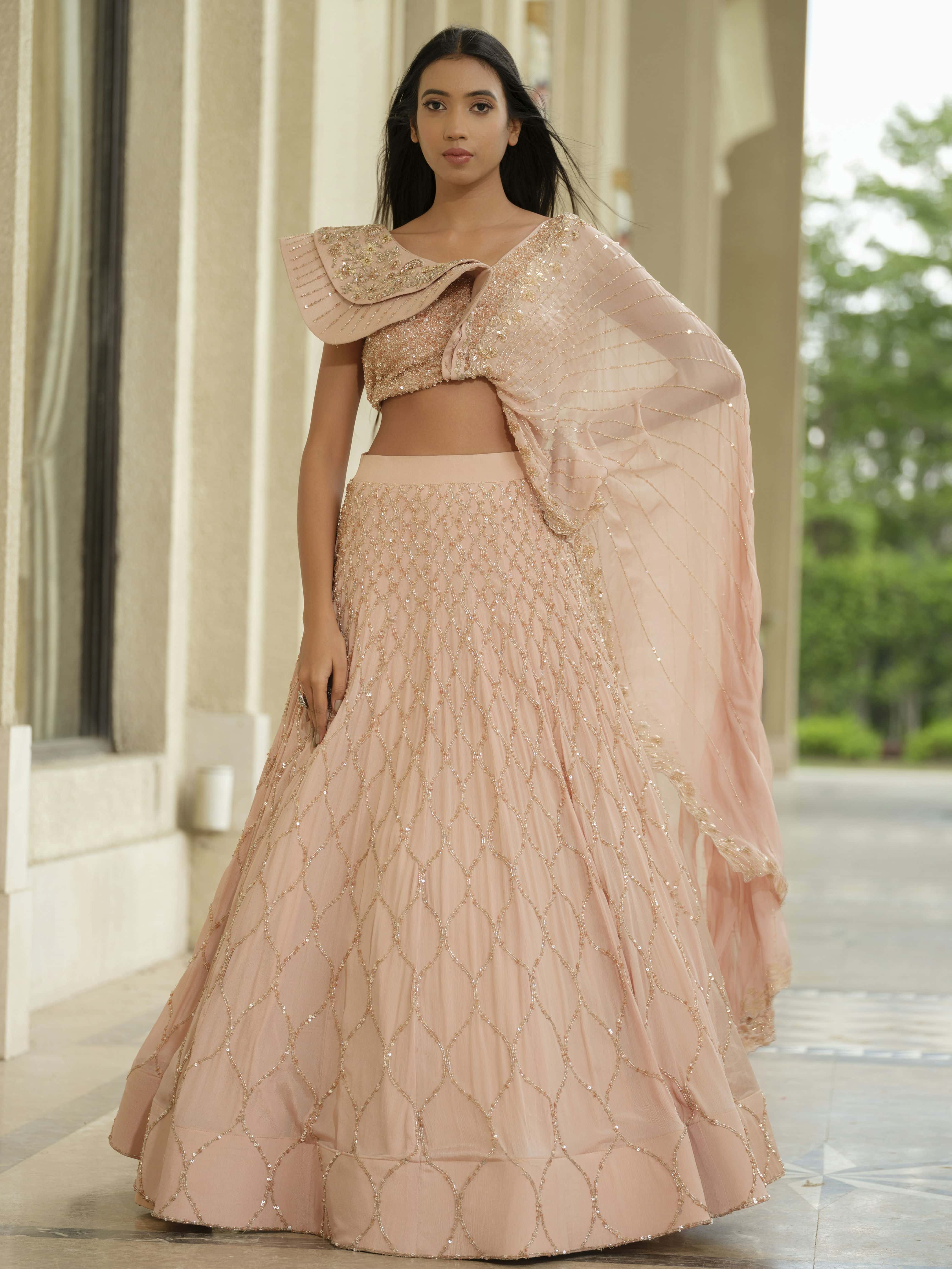 Beige Moss Crepe Lehenga with Jaal Work