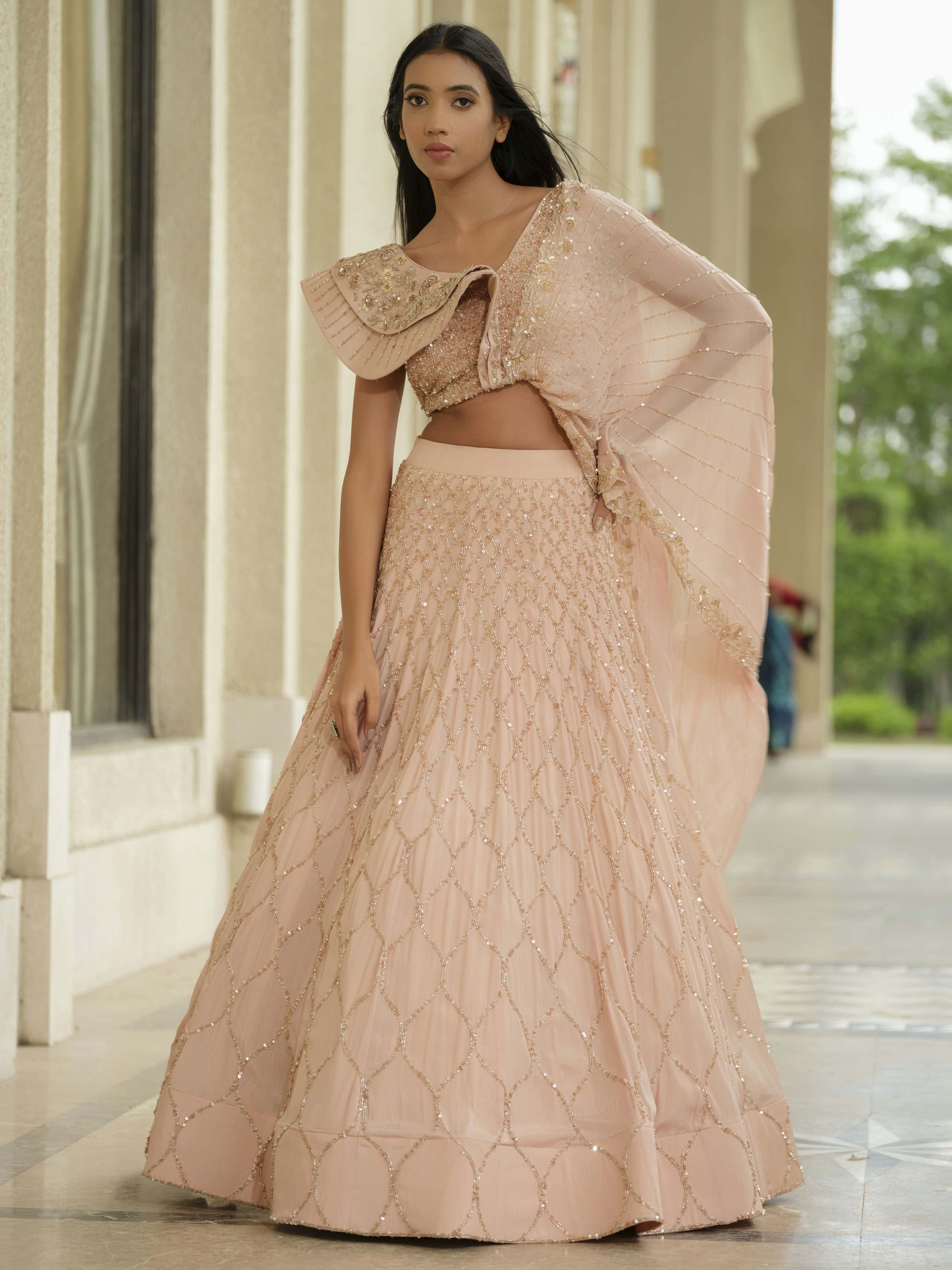 Beige Moss Crepe Lehenga with Jaal Work