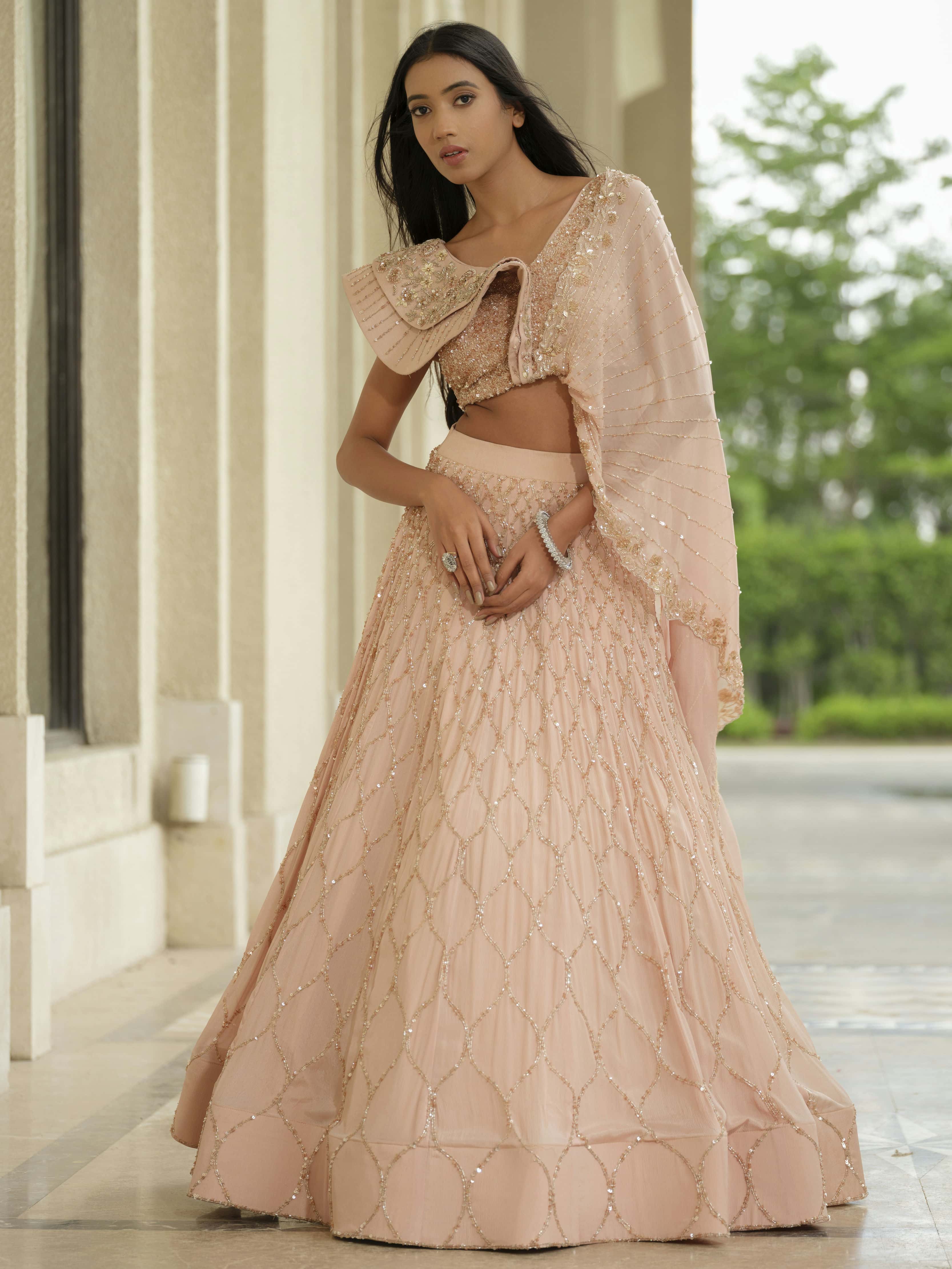 Beige Moss Crepe Lehenga with Jaal Work