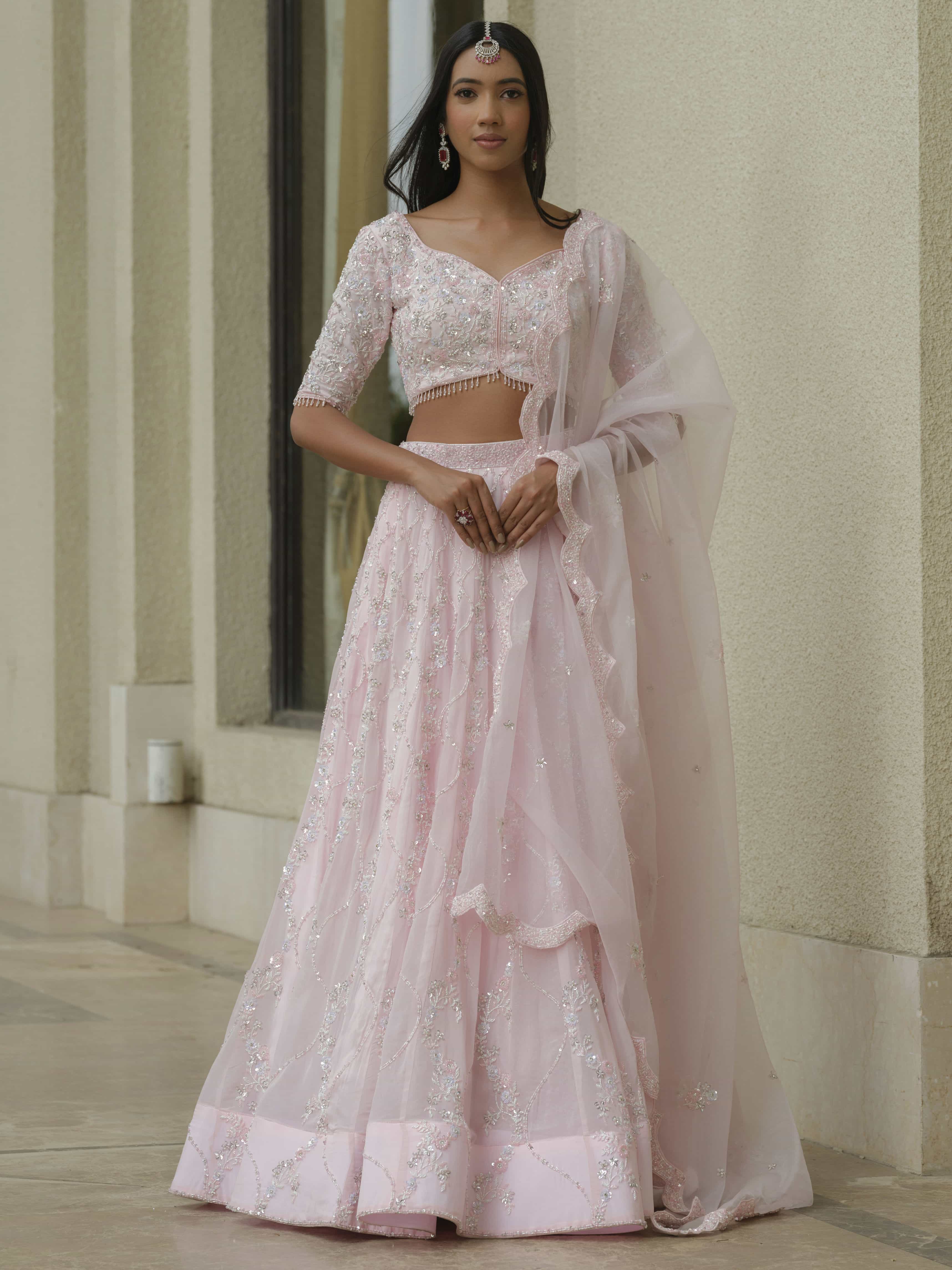 Powder Pink Moss Crepe Lehenga with Organza Dupatta