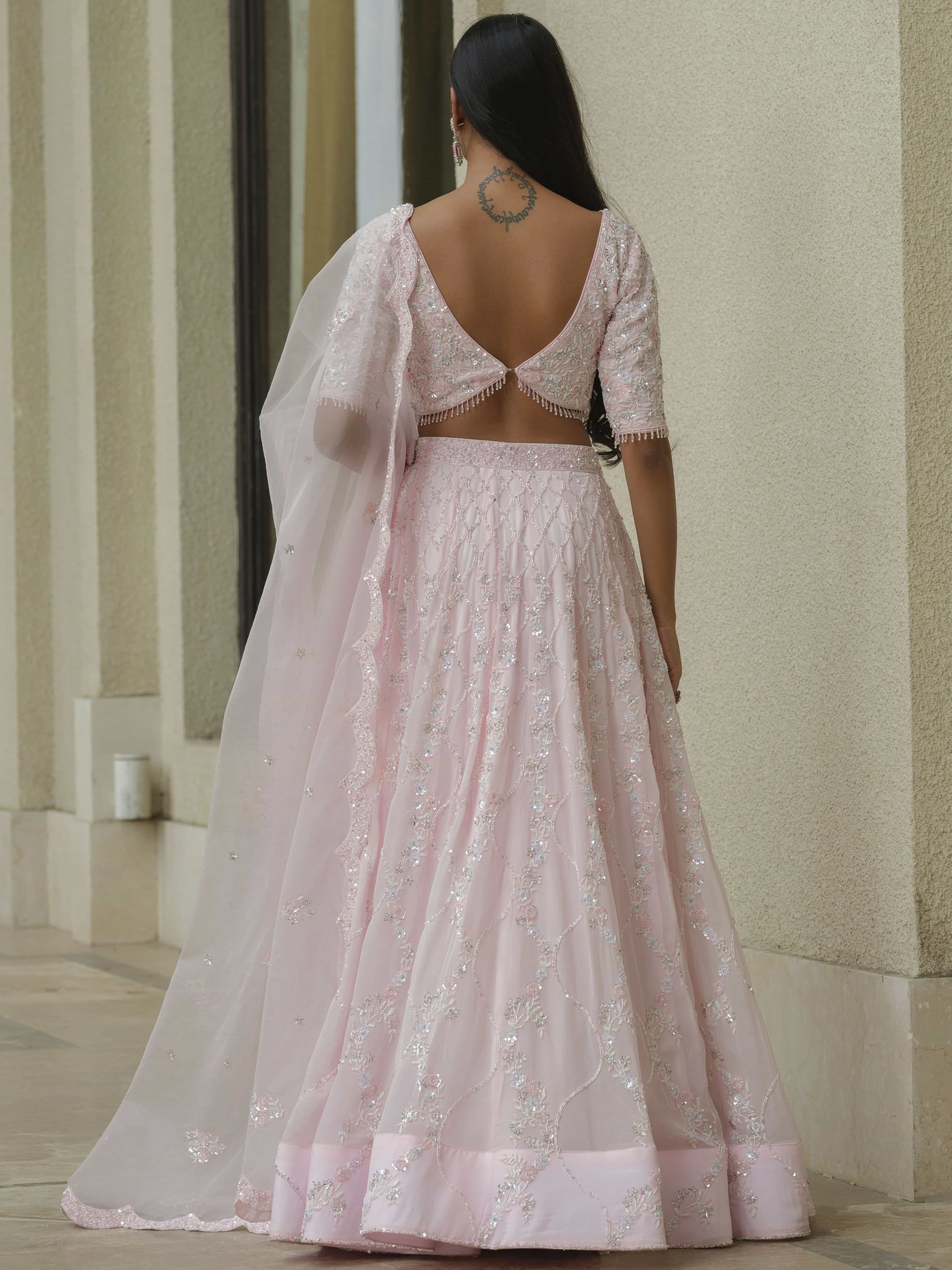 Powder Pink Moss Crepe Lehenga with Organza Dupatta