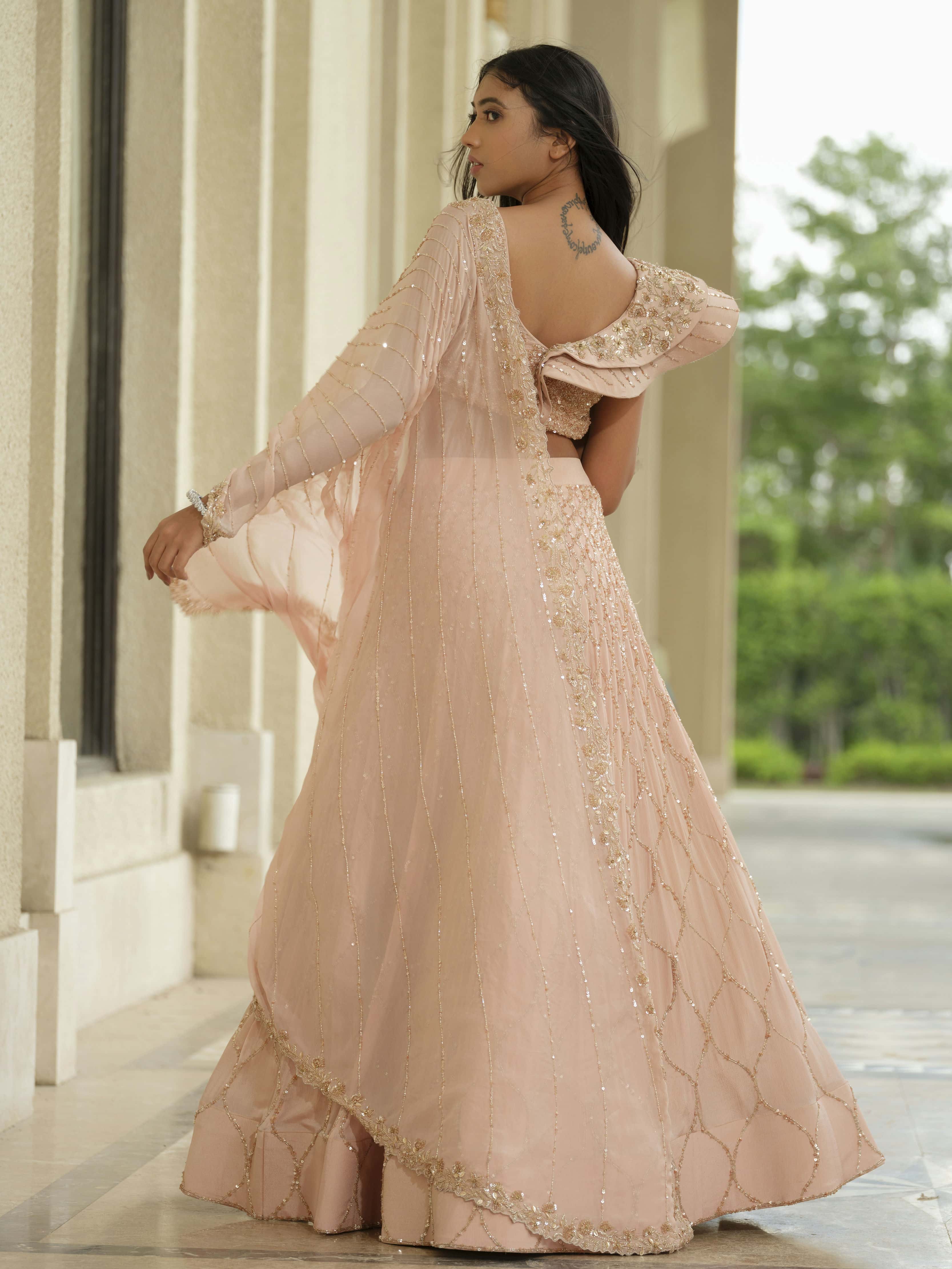 Beige Moss Crepe Lehenga with Jaal Work