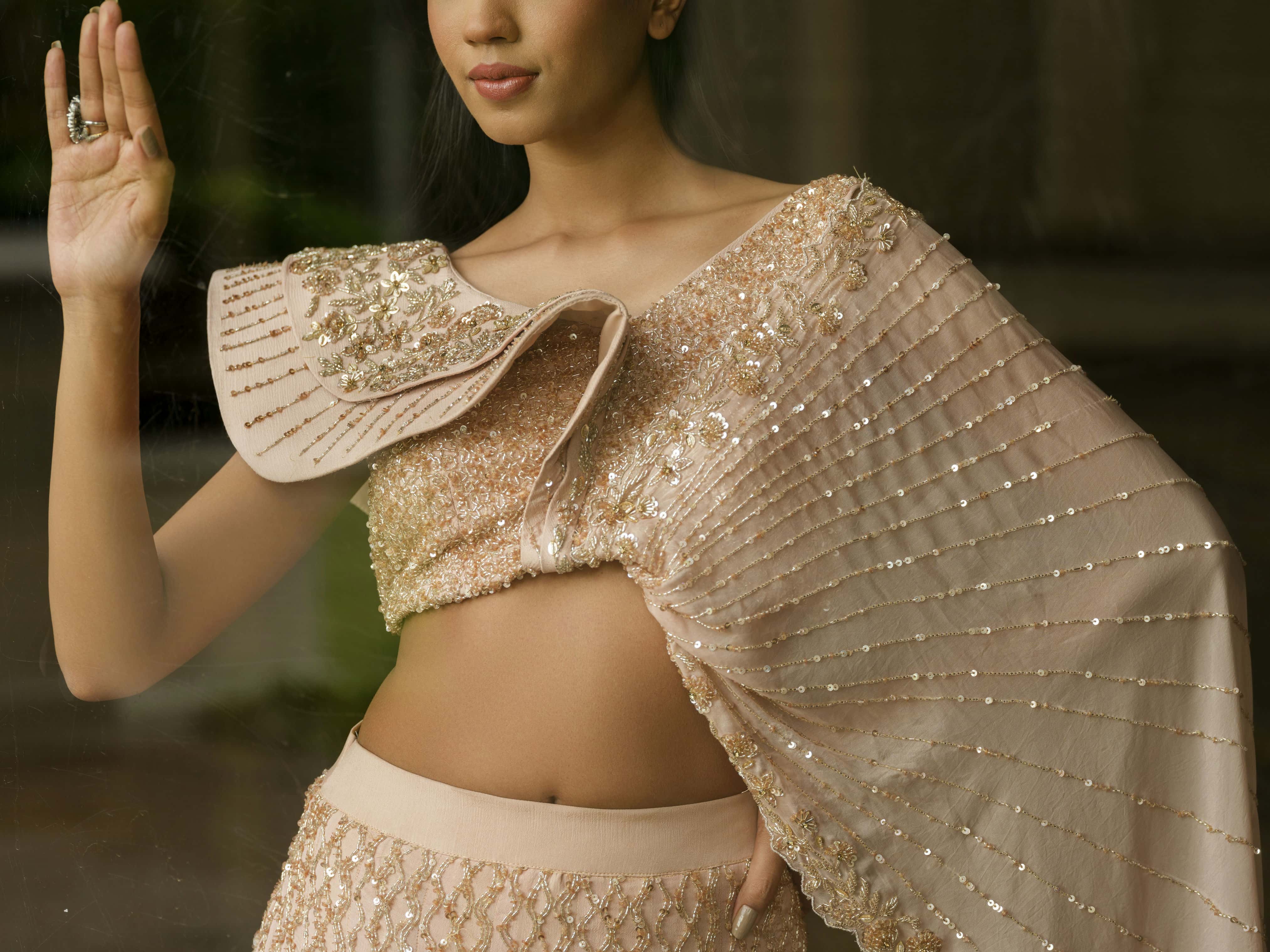 Beige Moss Crepe Lehenga with Jaal Work