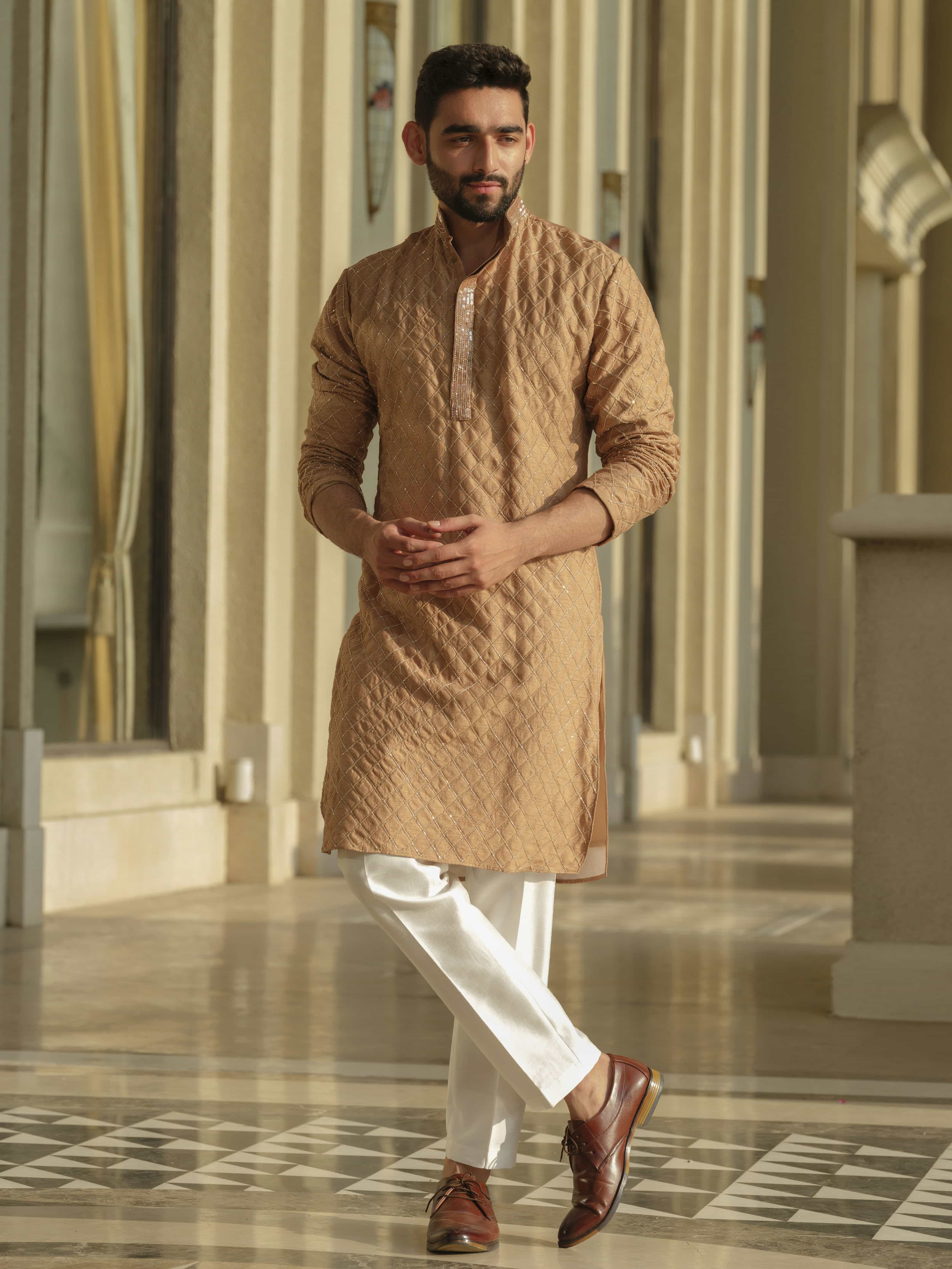 Beige Silk Embroidered Kurta Set