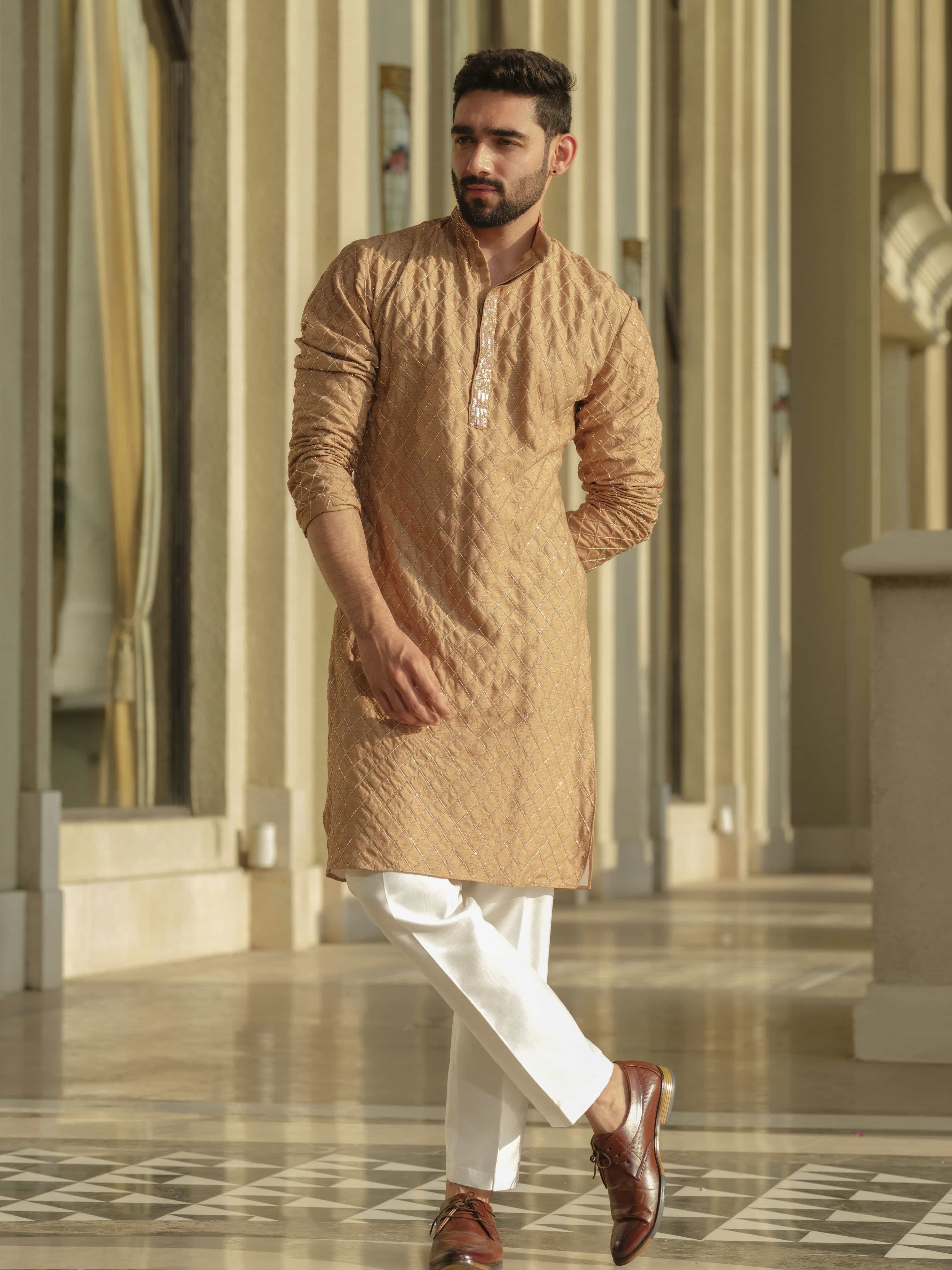 Beige Silk Embroidered Kurta Set